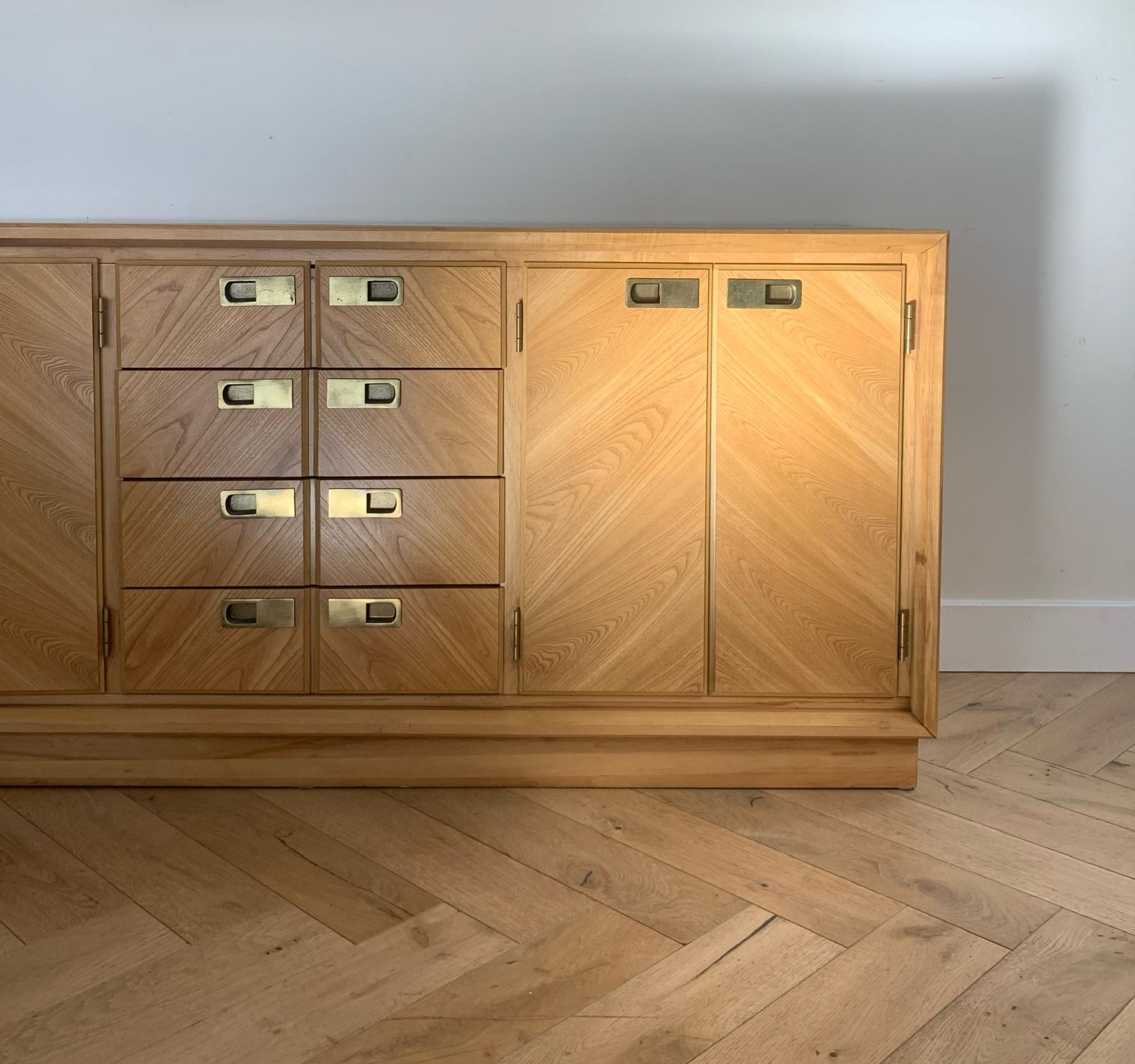 Mid Century Maple Wood Credenza with Smoked Glass Top Inlay by Stanley 12