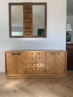 Mid Century Maple Wood Credenza with Smoked Glass Top Inlay by Stanley