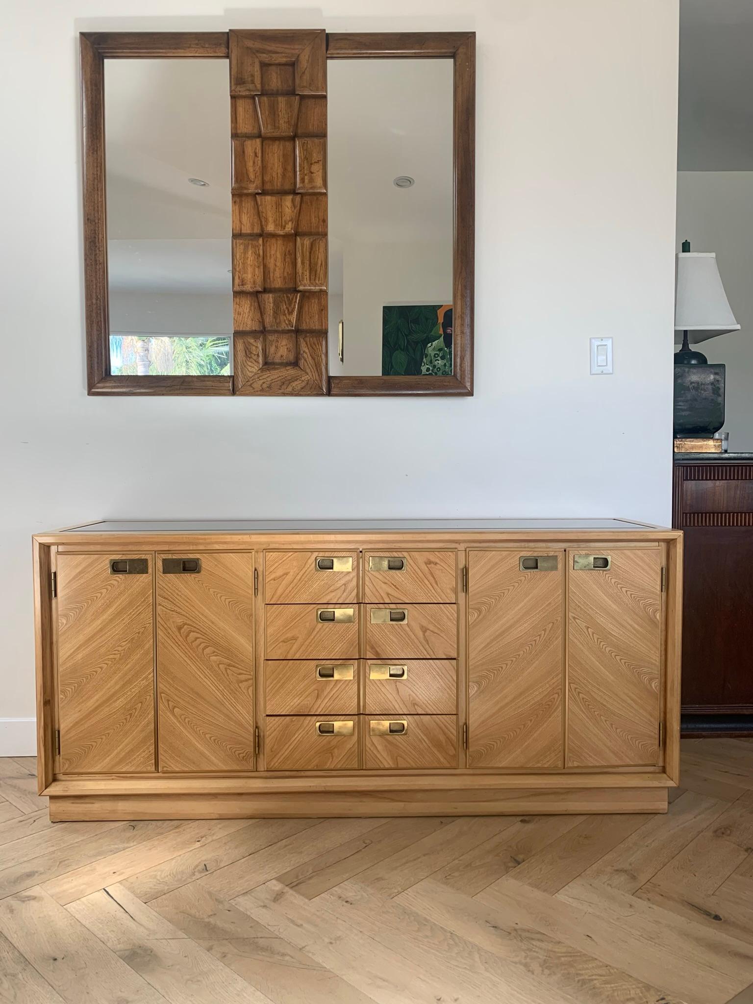 Mid Century Maple Wood Credenza with Smoked Glass Top Inlay by Stanley 13