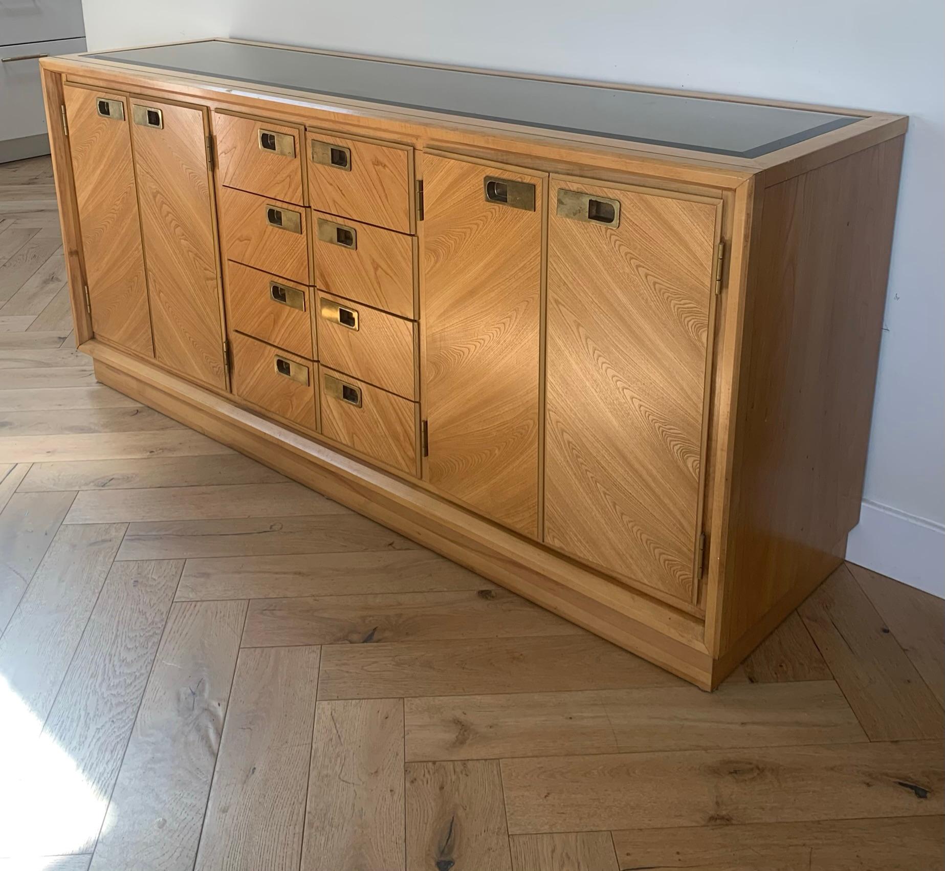 Post-Modern Mid Century Maple Wood Credenza with Smoked Glass Top Inlay by Stanley