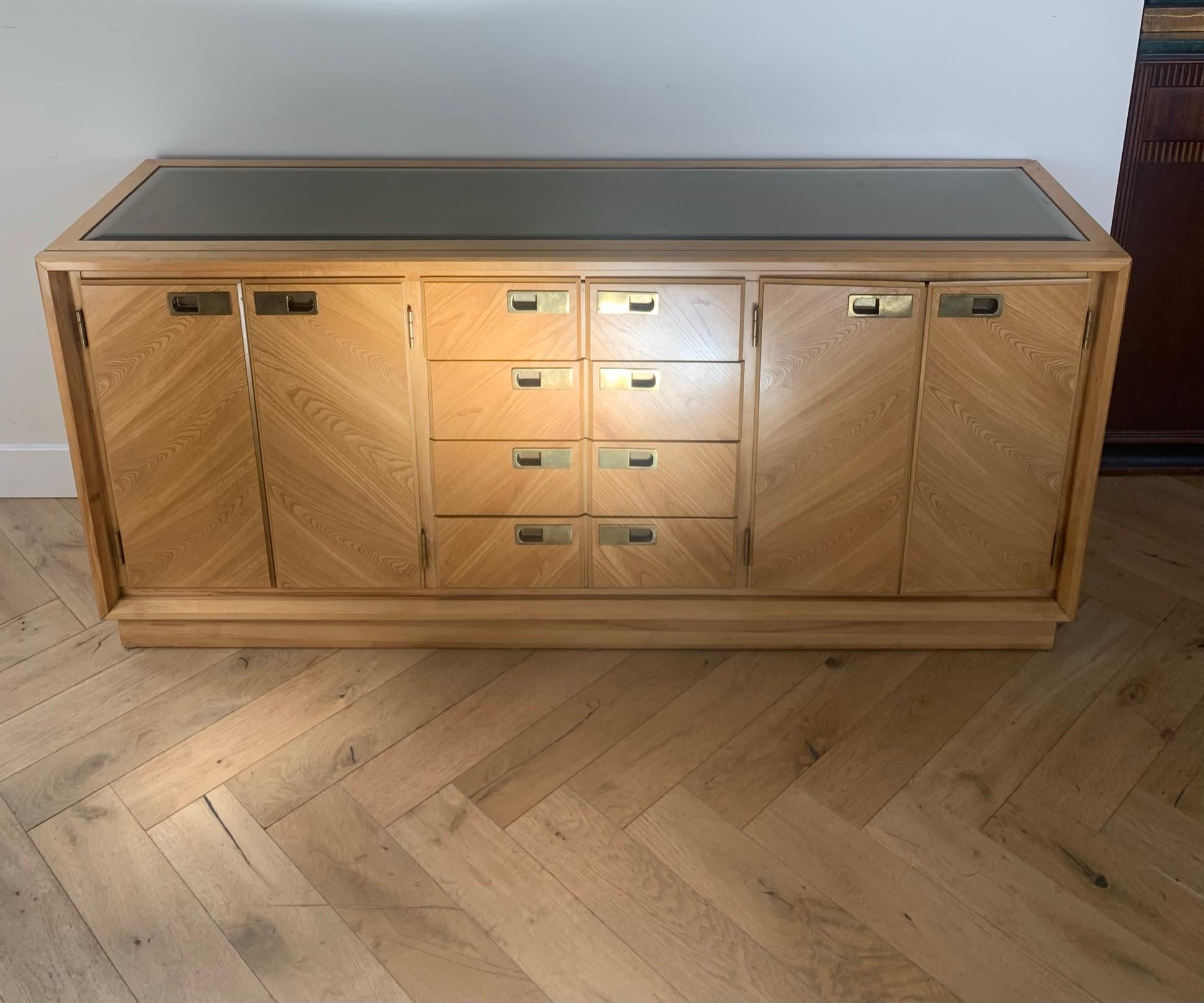 American Mid Century Maple Wood Credenza with Smoked Glass Top Inlay by Stanley