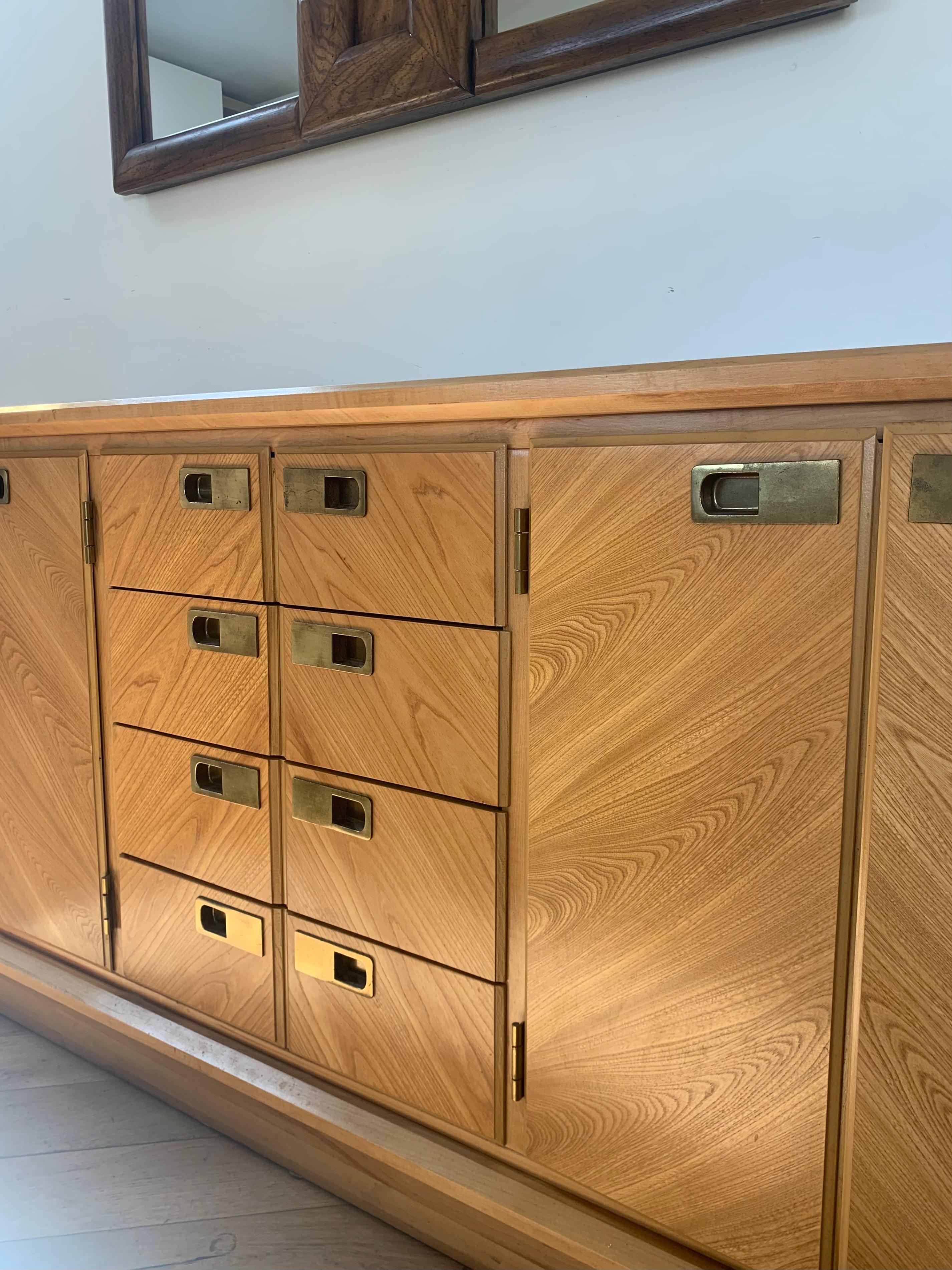 Metal Mid Century Maple Wood Credenza with Smoked Glass Top Inlay by Stanley