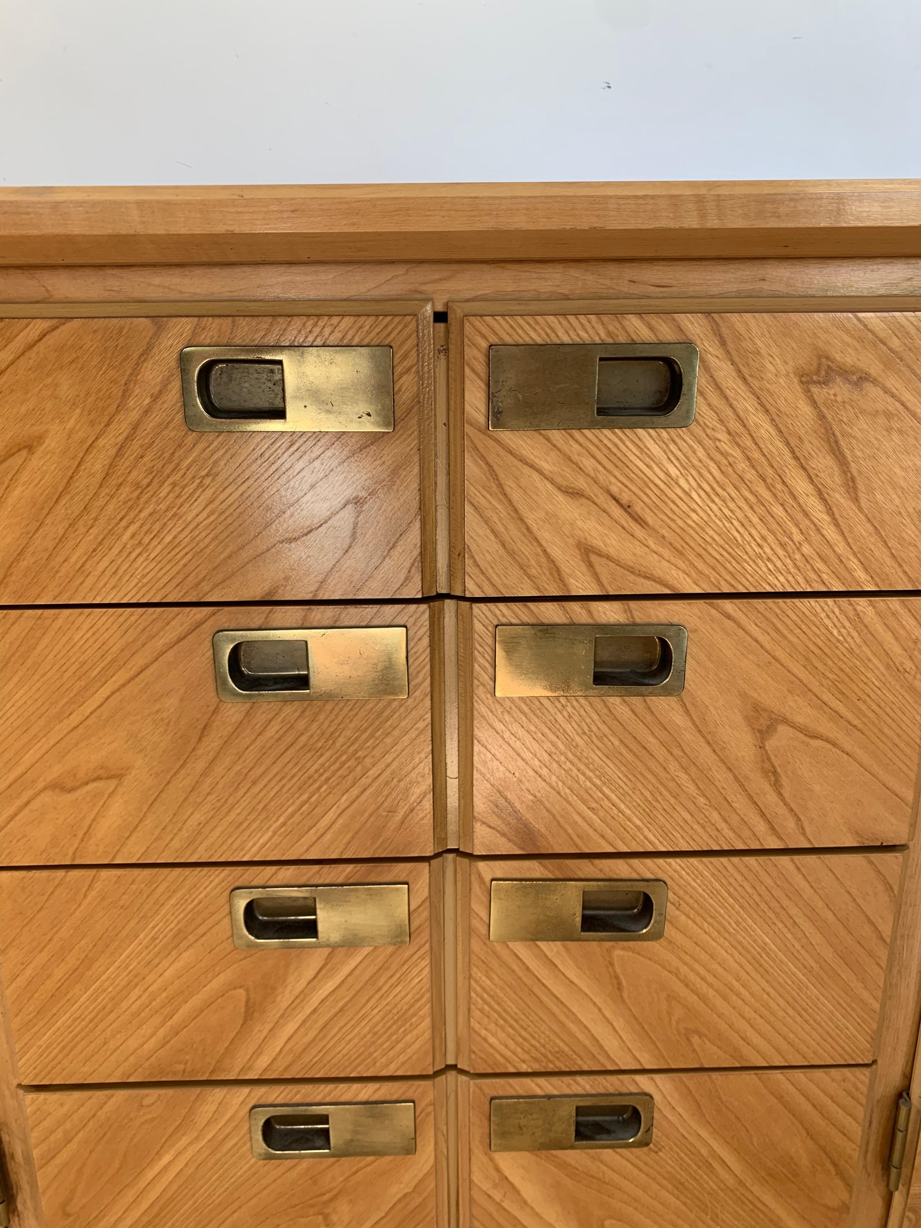 Mid Century Maple Wood Credenza with Smoked Glass Top Inlay by Stanley 1