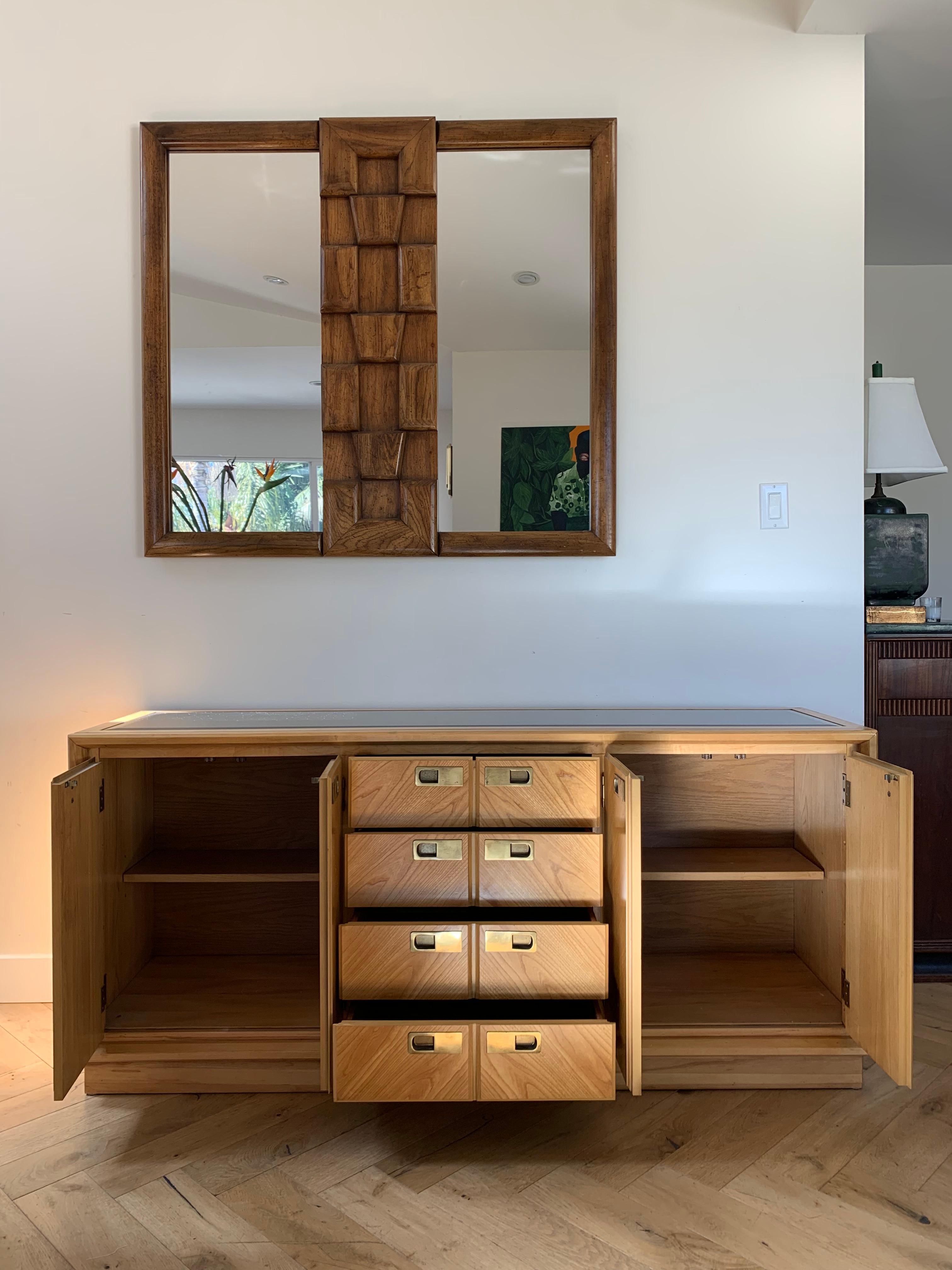 Mid Century Maple Wood Credenza with Smoked Glass Top Inlay by Stanley 2
