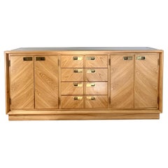 Mid Century Maple Wood Credenza with Smoked Glass Top Inlay by Stanley