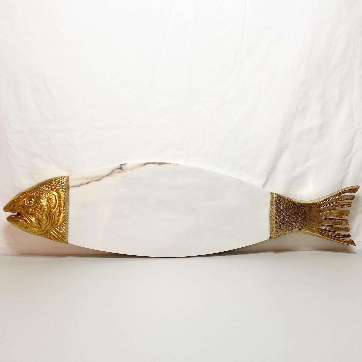 Mid-Century Modern Mid Century Marble & Brass Fish Serving Platter with Matching Fork and Knife