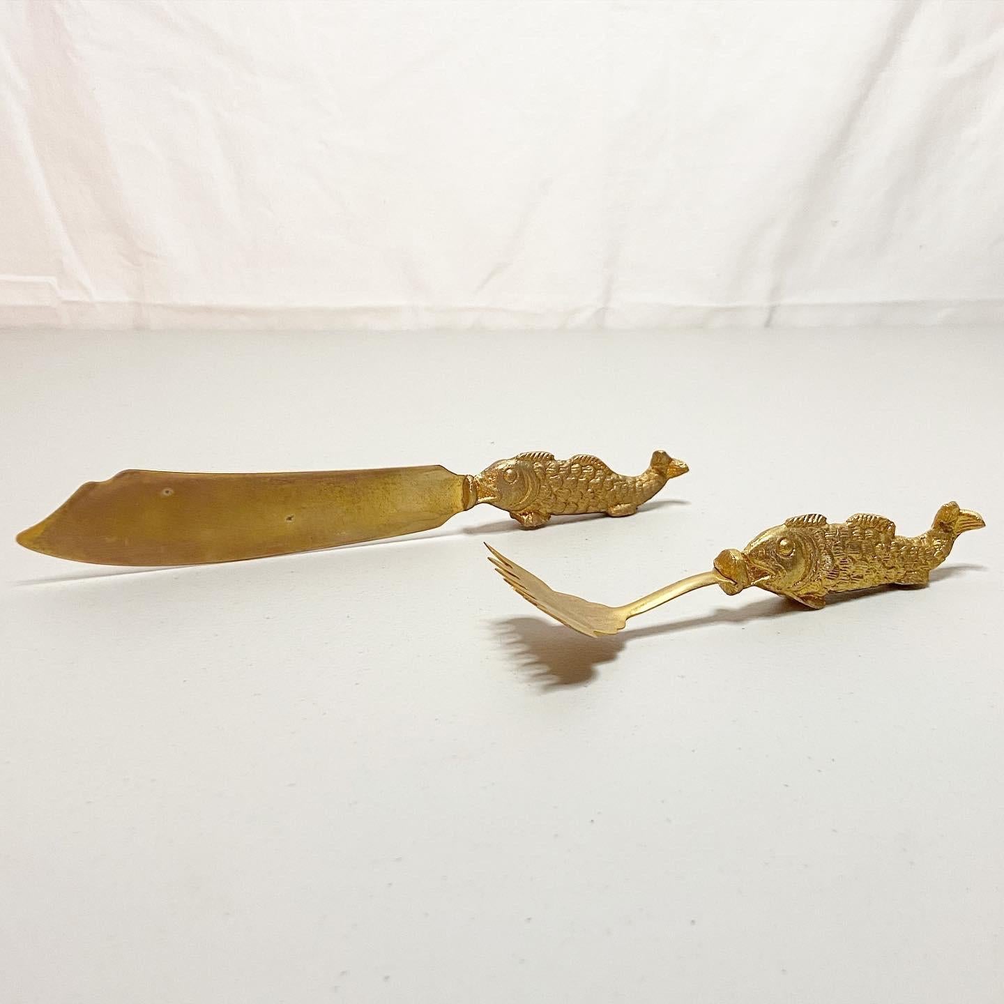 Portuguese Mid Century Marble & Brass Fish Serving Platter with Matching Fork and Knife