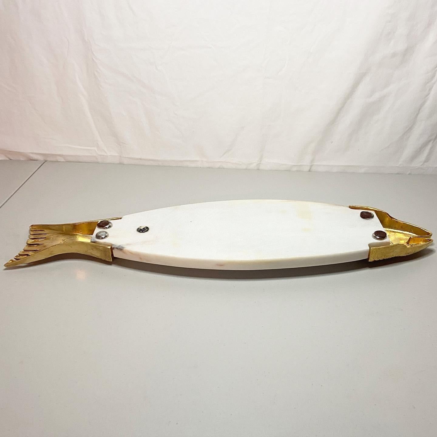 Mid-20th Century Mid Century Marble & Brass Fish Serving Platter with Matching Fork and Knife