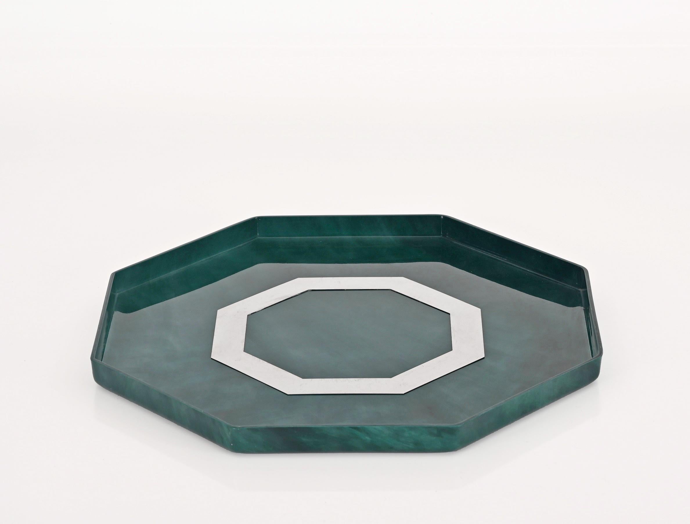 Mid-Century Modern Midcentury Marble Effect Lucite and Steel Octagonal Serving Tray, Italy, 1980s For Sale