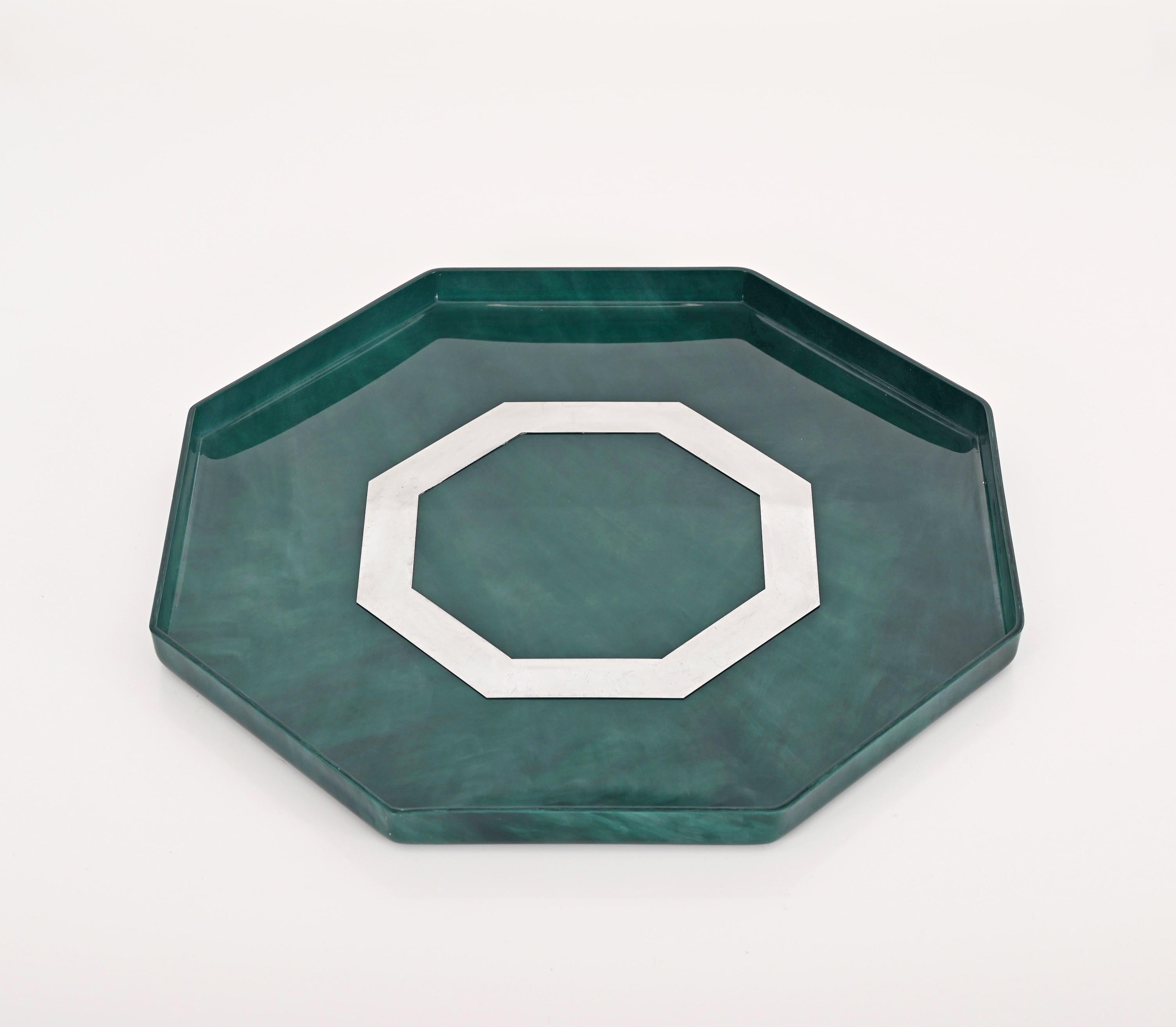 20th Century Midcentury Marble Effect Lucite and Steel Octagonal Serving Tray, Italy, 1980s For Sale