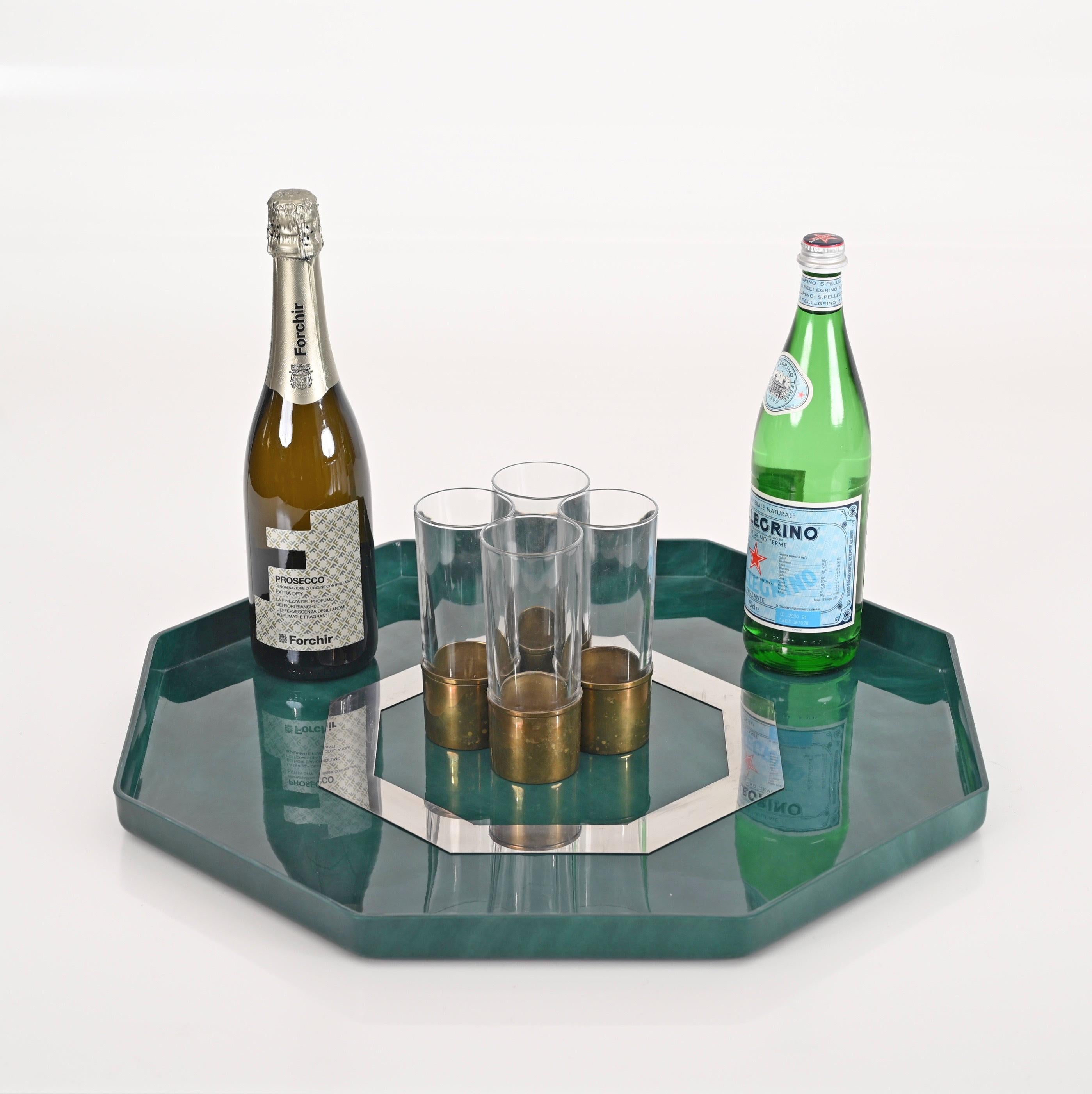 Metal Midcentury Marble Effect Lucite and Steel Octagonal Serving Tray, Italy, 1980s For Sale