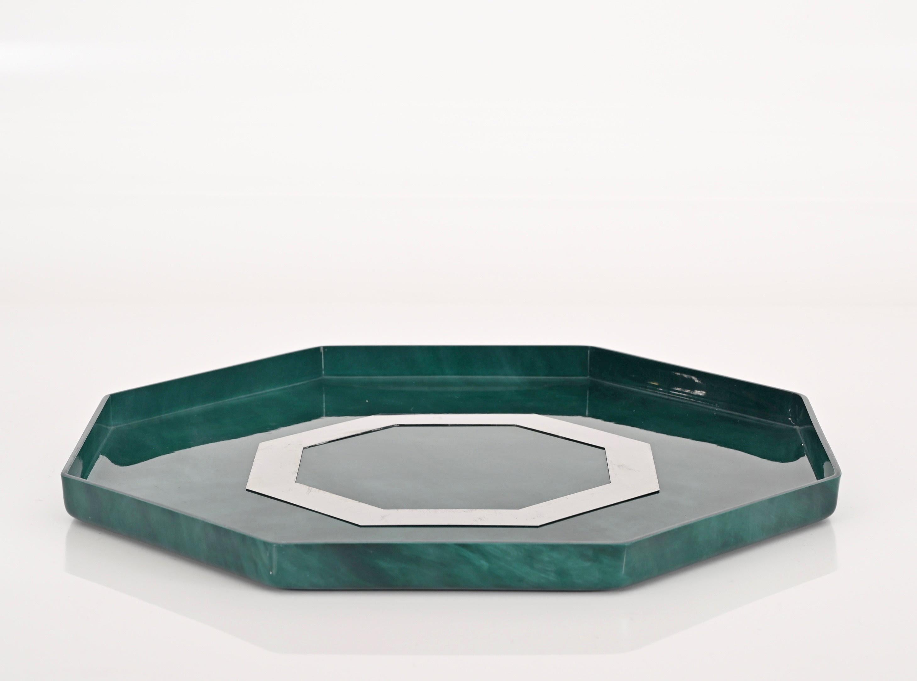 Midcentury Marble Effect Lucite and Steel Octagonal Serving Tray, Italy, 1980s For Sale 1