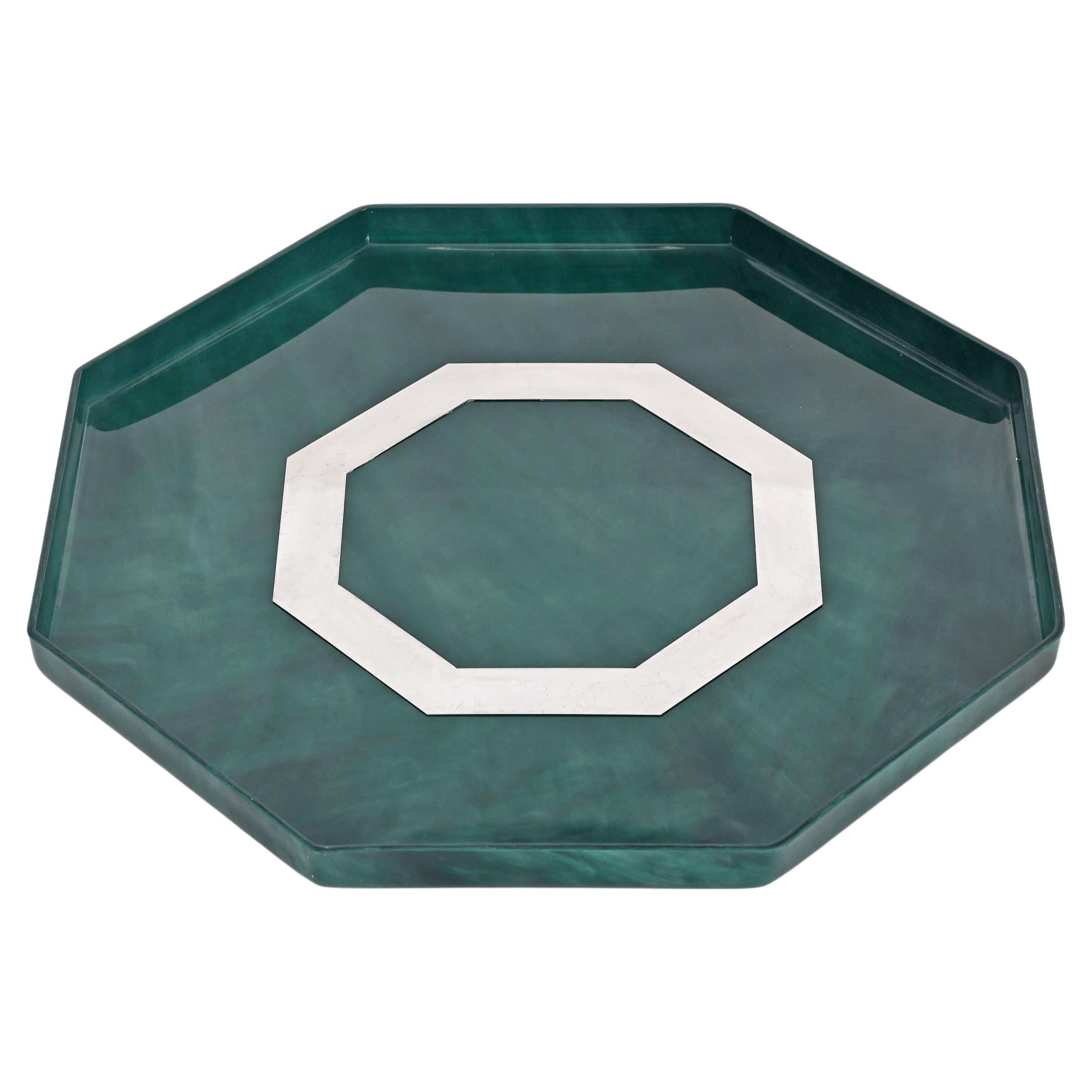 Midcentury Marble Effect Lucite and Steel Octagonal Serving Tray, Italy, 1980s For Sale