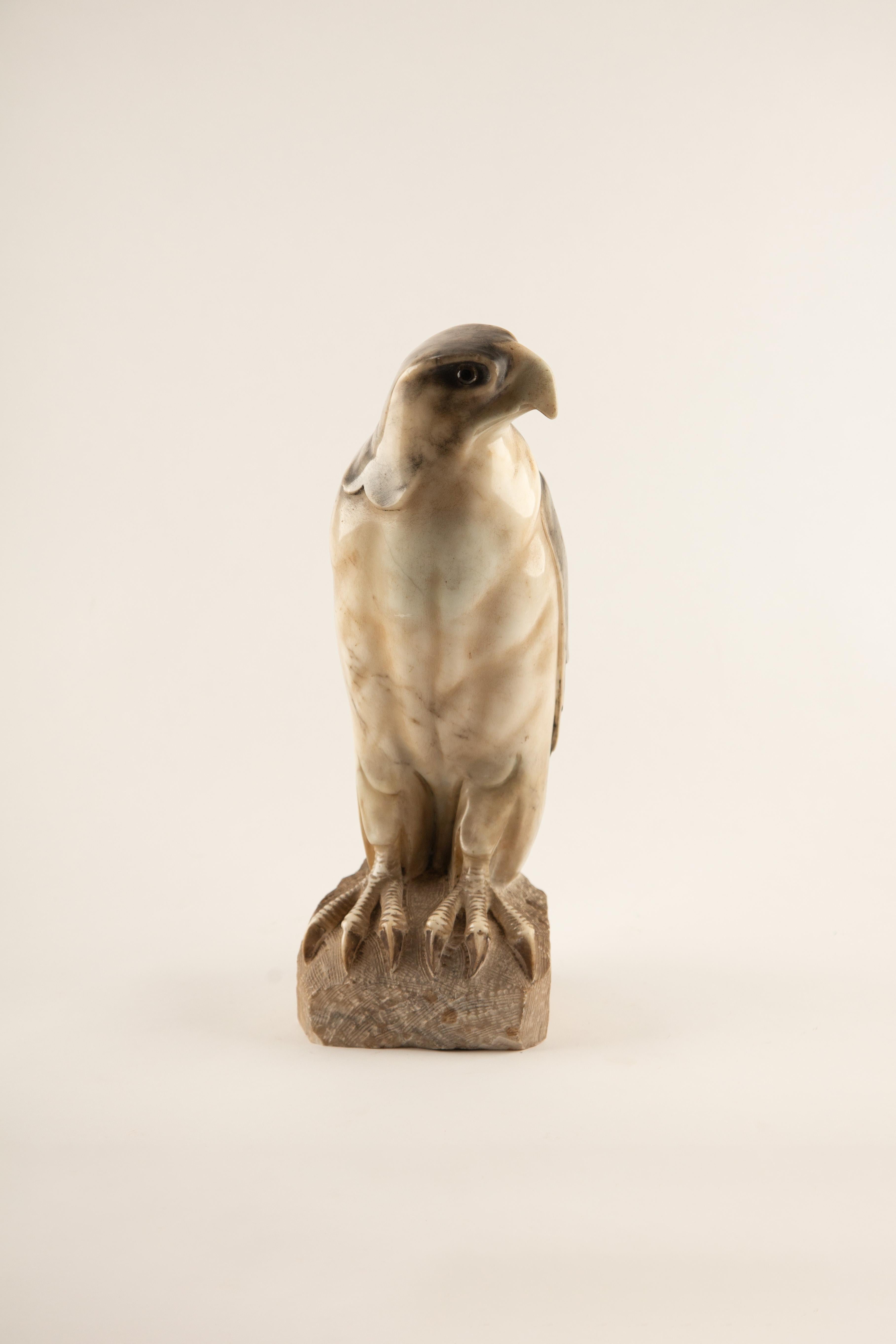 Sculpture de faucon en marbre français du milieu du siècle, finement sculptée à la main dans un marbre panaché avec des veines naturelles qui accentuent la forme réaliste de l'oiseau. La pièce présente des serres méticuleusement détaillées, des