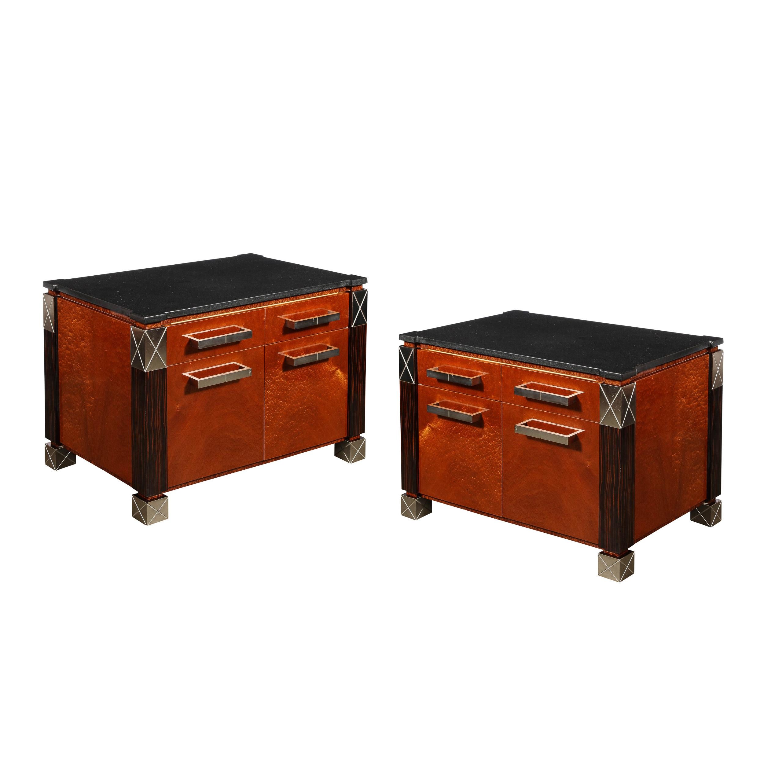 This bold and remarkably crafted Pair of Mid-Century Modernist Marble Topped End tables / Nightstands  in Satin Nickel, Macassar Ebony, & Book-Matched  burled Walnut were manufactured by the company Lorin Marsh and originates from the United States