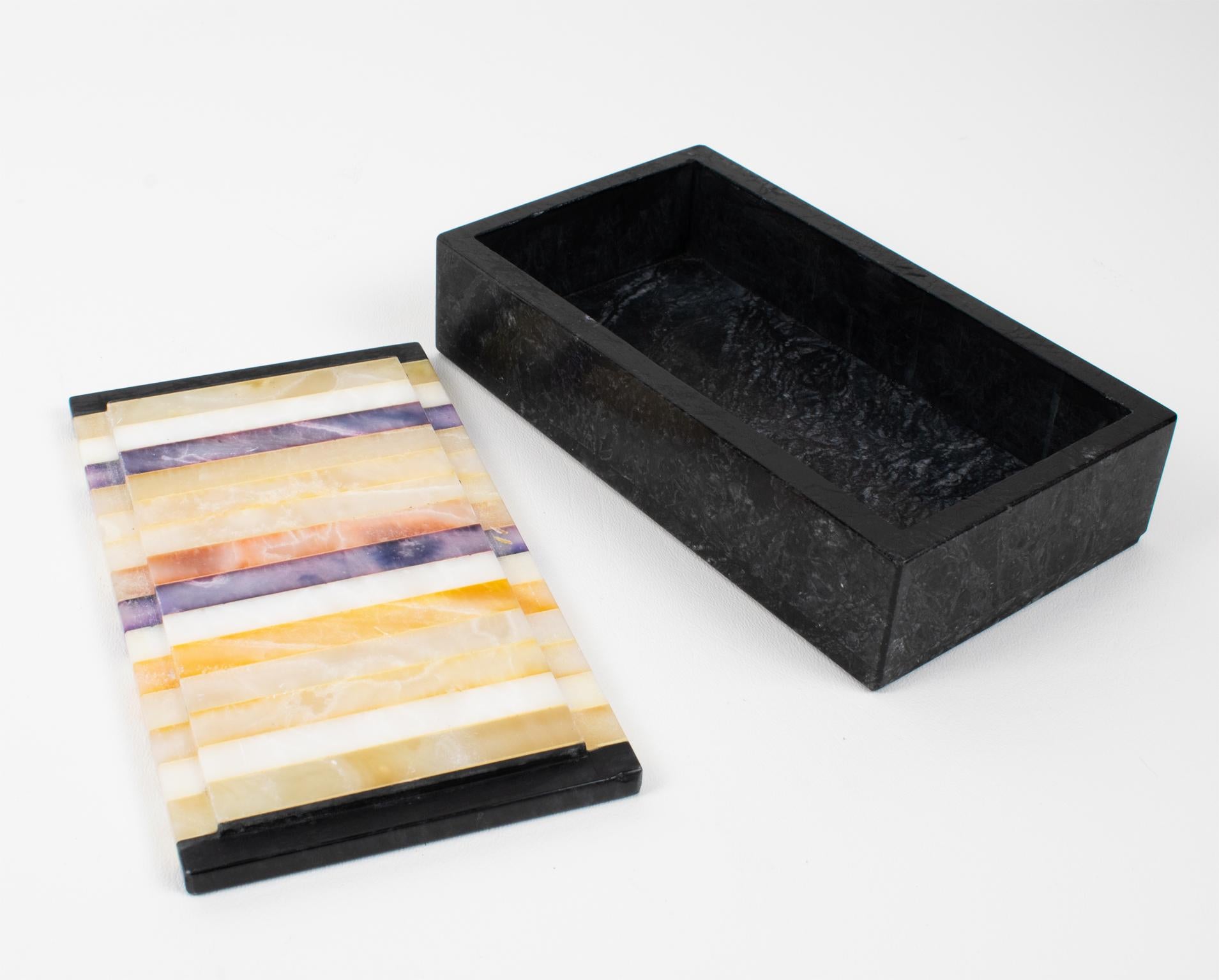 Mid-Century Marble, Onyx Marquetry Desk Set Box, Pen Holder, Ruler, Italy 1960s For Sale 4