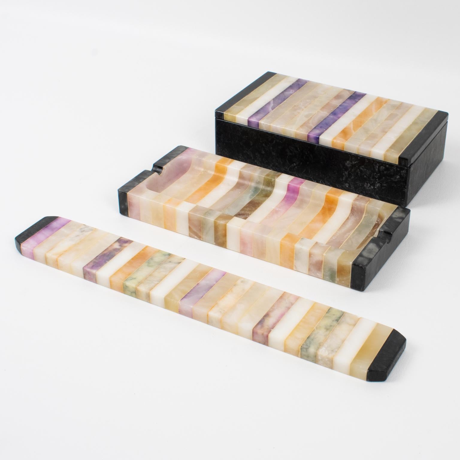Mid-Century Modern Mid-Century Marble, Onyx Marquetry Desk Set Box, Pen Holder, Ruler, Italy 1960s For Sale