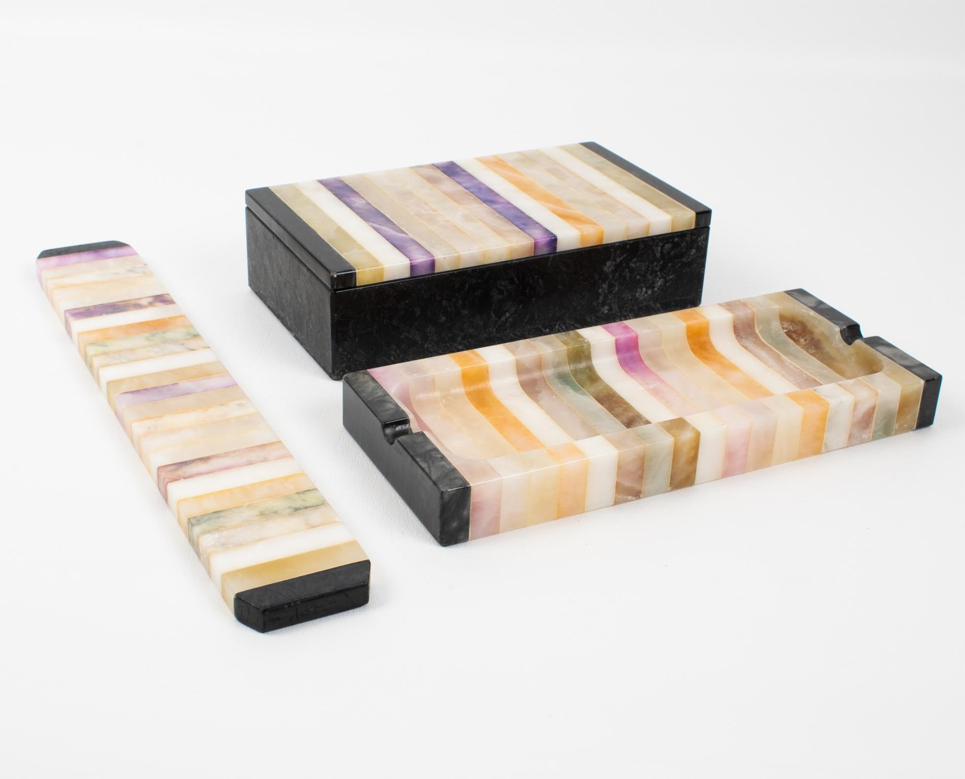Italian Mid-Century Marble, Onyx Marquetry Desk Set Box, Pen Holder, Ruler, Italy 1960s For Sale