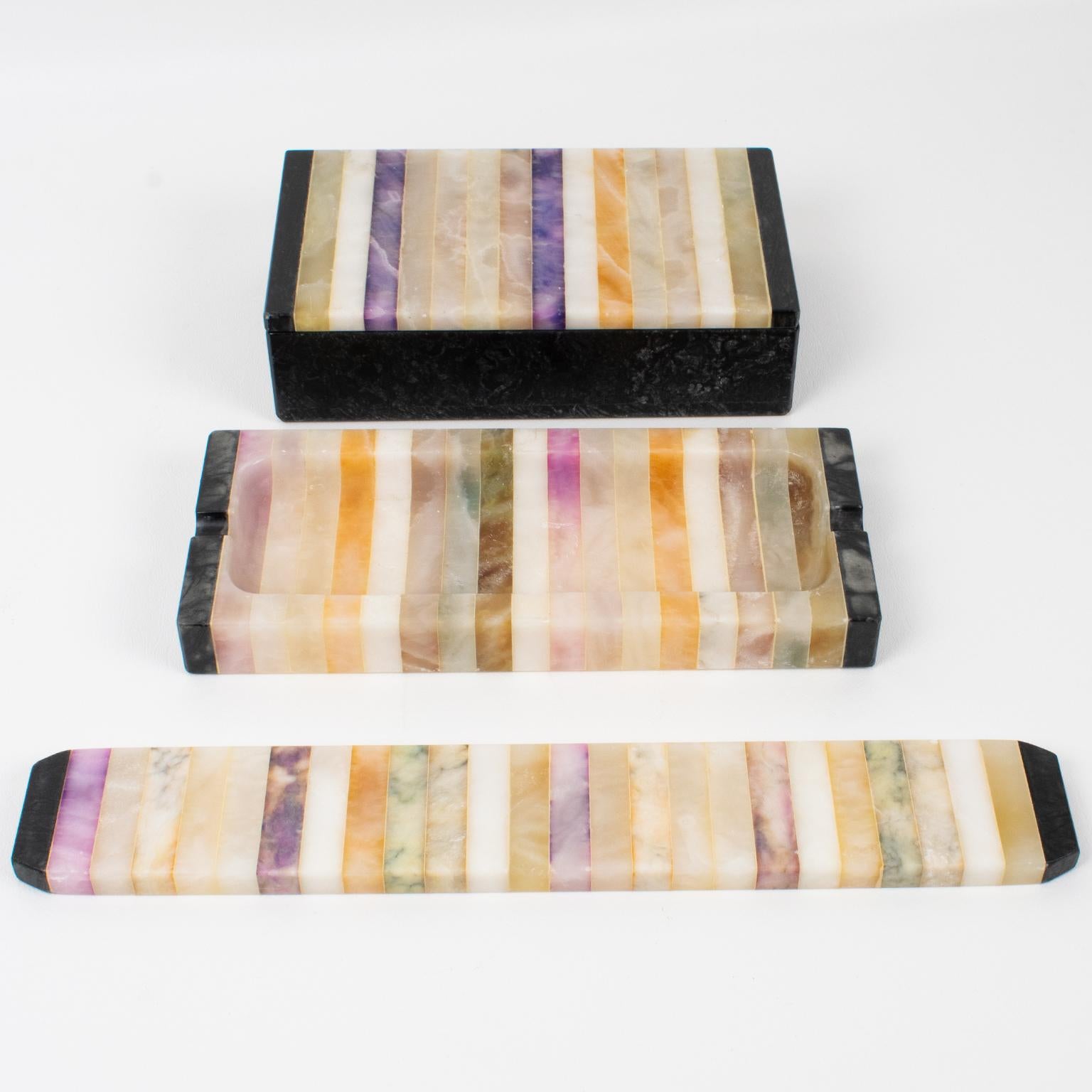 Mid-Century Marble, Onyx Marquetry Desk Set Box, Pen Holder, Ruler, Italy 1960s In Good Condition For Sale In Atlanta, GA