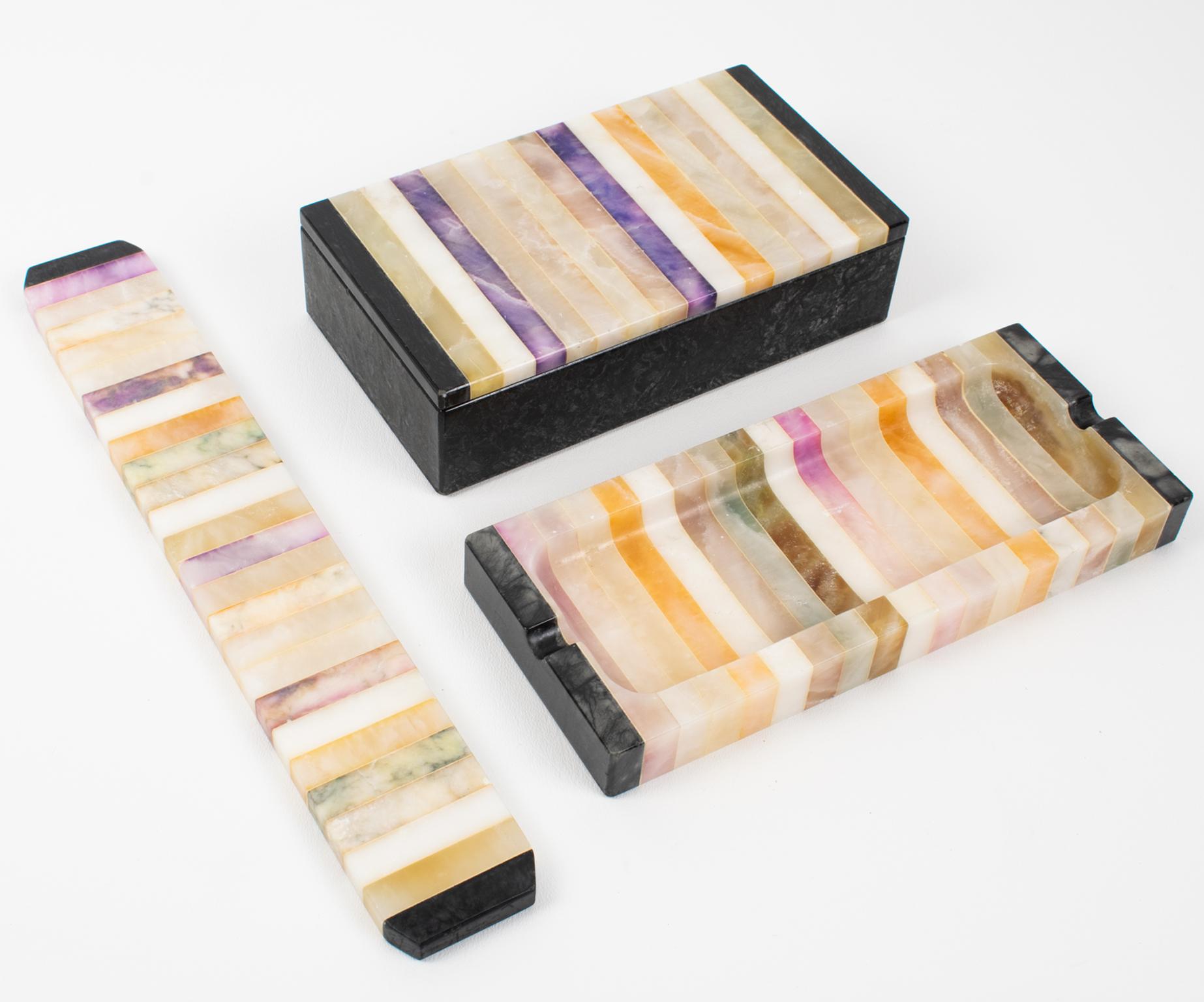 Mid-20th Century Mid-Century Marble, Onyx Marquetry Desk Set Box, Pen Holder, Ruler, Italy 1960s For Sale