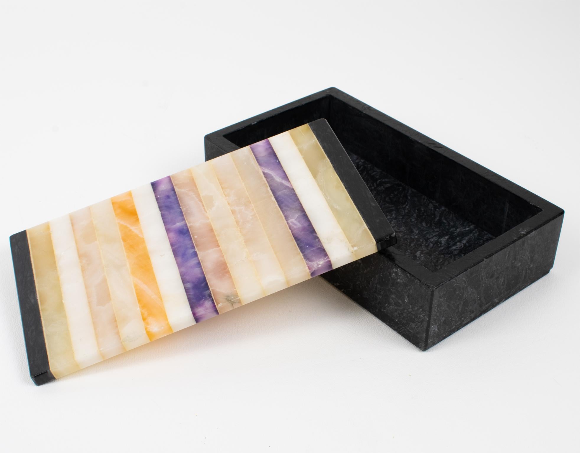 Mid-Century Marble, Onyx Marquetry Desk Set Box, Pen Holder, Ruler, Italy 1960s For Sale 3
