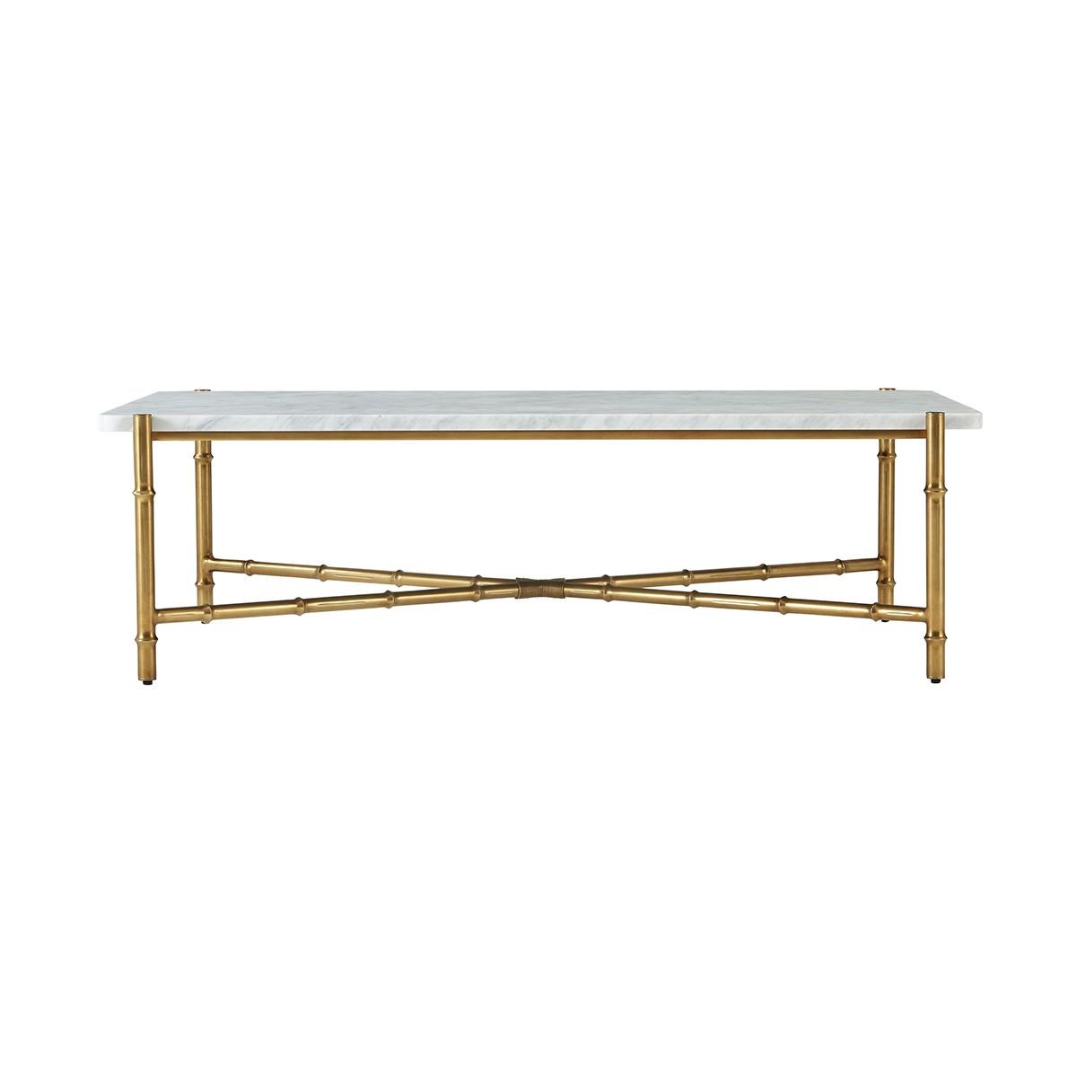 Slender lines form a light and airy design in this modern table. A graceful combination of white bianco marble atop an organic faux bois base in a satin bronze finish.

Dimensions: 55