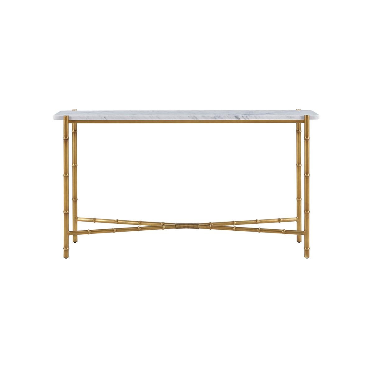 Slender lines form a light and airy design in this modern table. A graceful combination of white bianco marble atop an organic faux bois base in a satin bronze finish.

Dimensions: 60