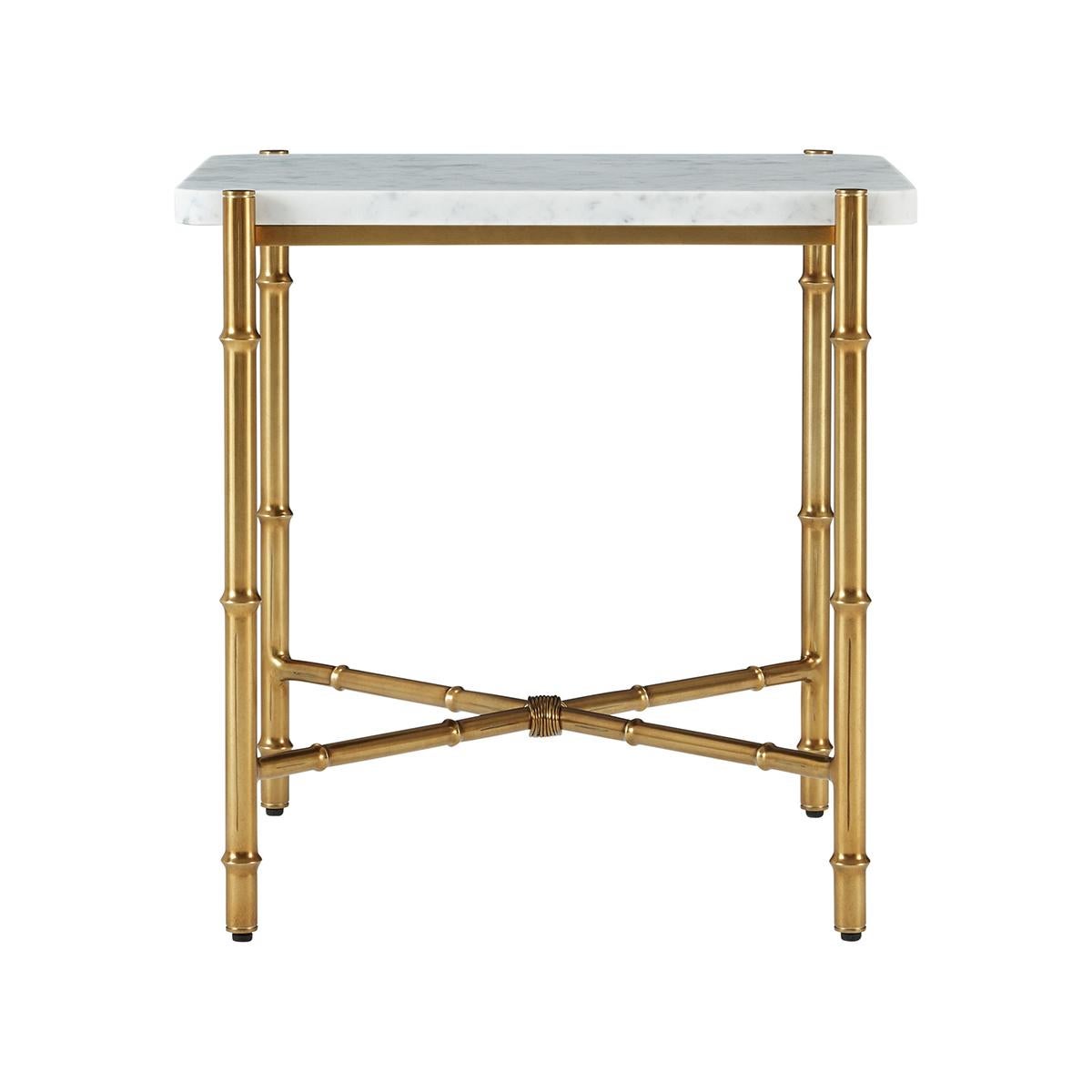 Slender lines form a light and airy design in the modern Side Table. A graceful combination of honed white bianco marble atop an organic faux bois base in a satin bronze finish.

Dimensions: 22