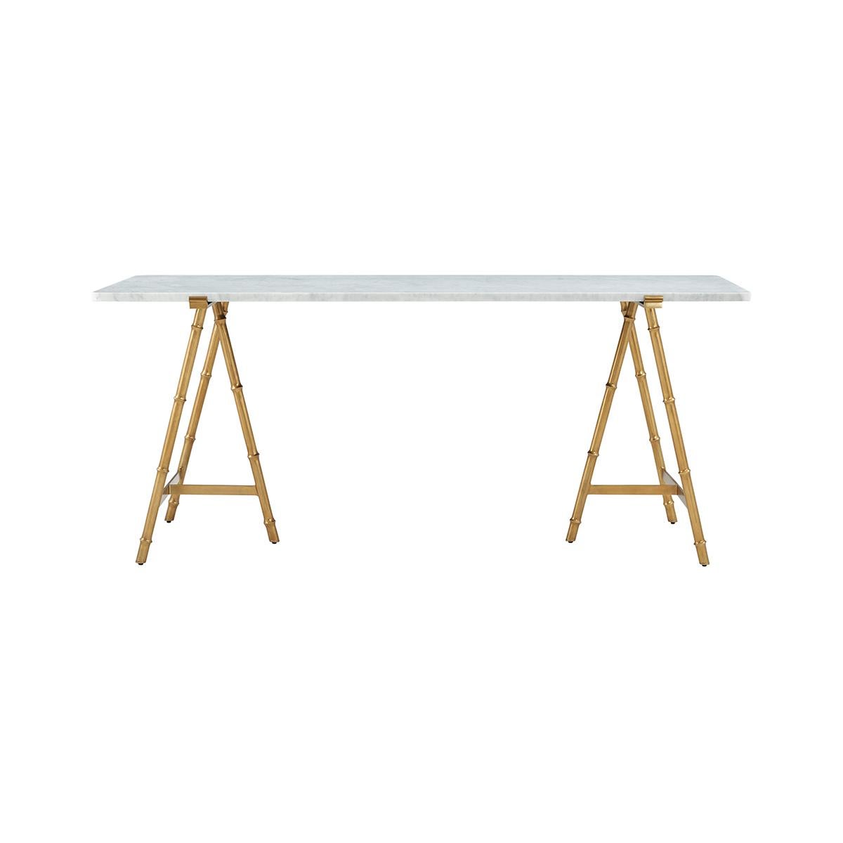 Slender lines form a light and airy design in this modern table. A graceful combination of white bianco marble atop an organic faux bois base in a satin bronze finish.

Dimensions: 72