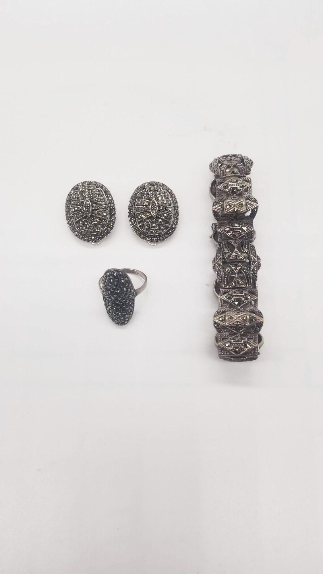 Silver Mid Century Marcasite Jewelry Set, Brooch, Bracelet, Clip on Earrings For Sale