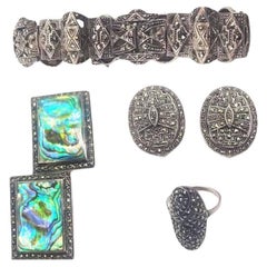 Sterling Silver French Paste Marcasite Jewelry Set, Brooch, Bracelet, Earrings