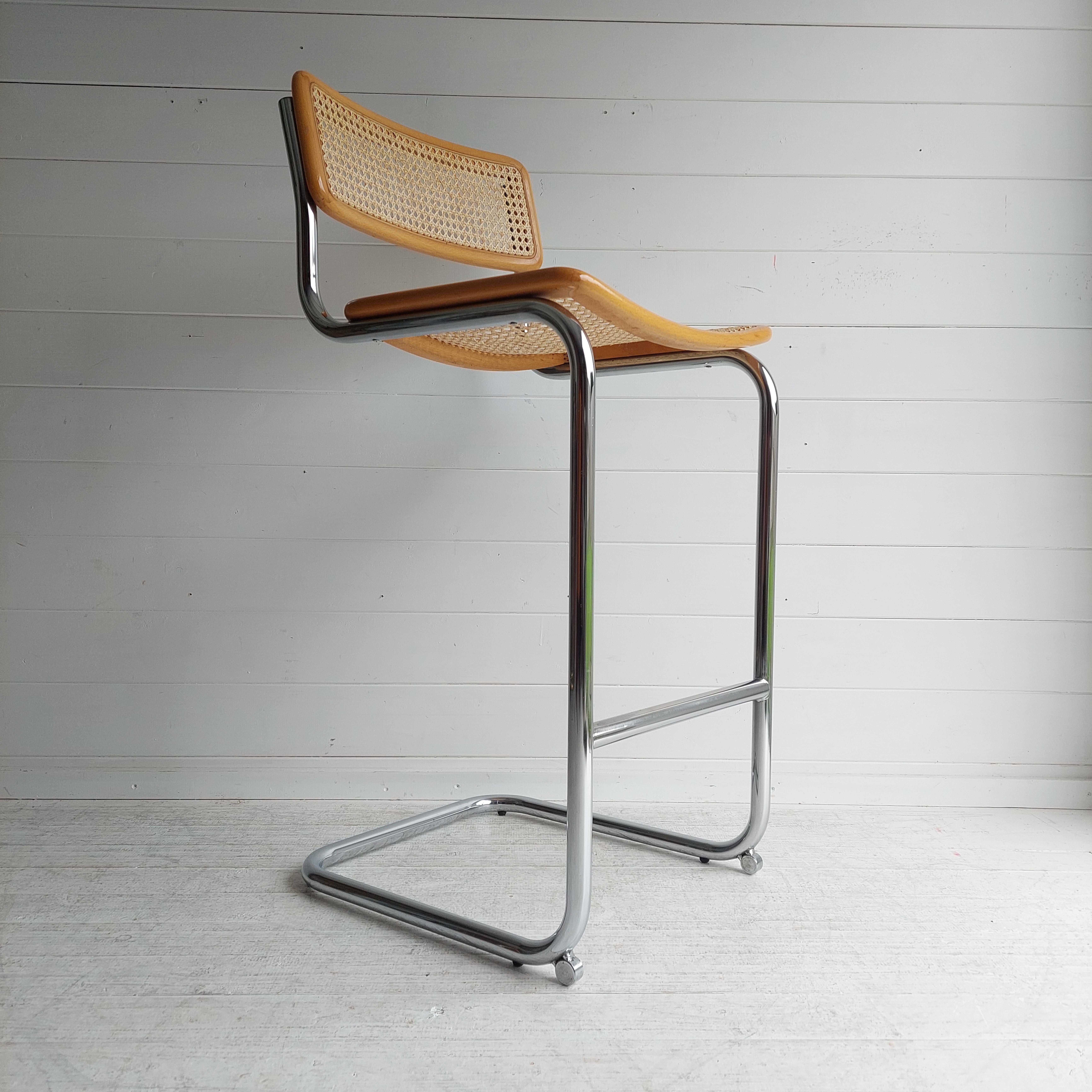 Mid Century Marcel Breuer Cesca Bar stool Chrome and rattan Model S32, 1970s In Good Condition In Leamington Spa, GB