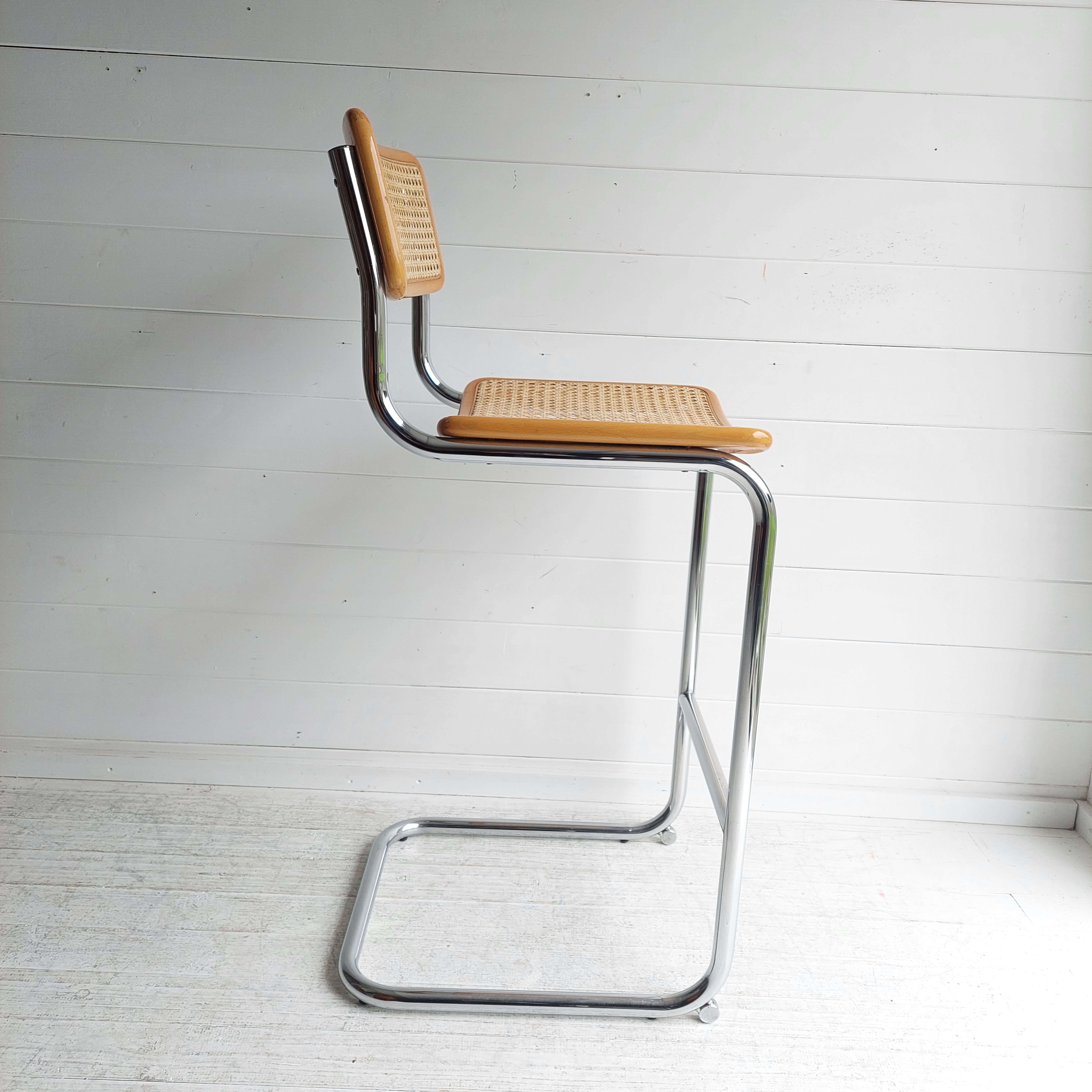 Mid Century Marcel Breuer Cesca Bar stool Chrome and rattan Model S32, 1970s In Good Condition In Leamington Spa, GB