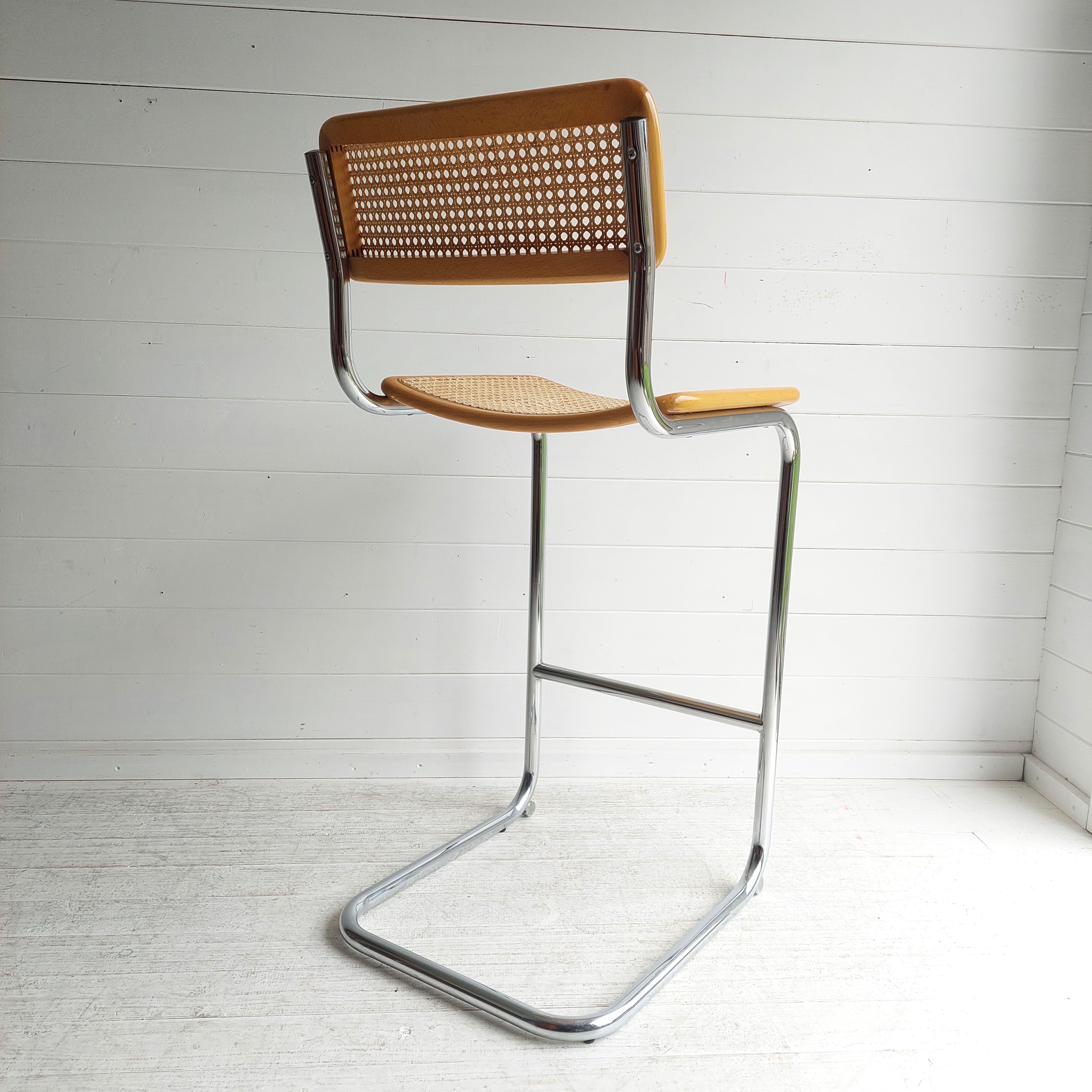 20th Century Mid Century Marcel Breuer Cesca Bar stool Chrome and rattan Model S32, 1970s