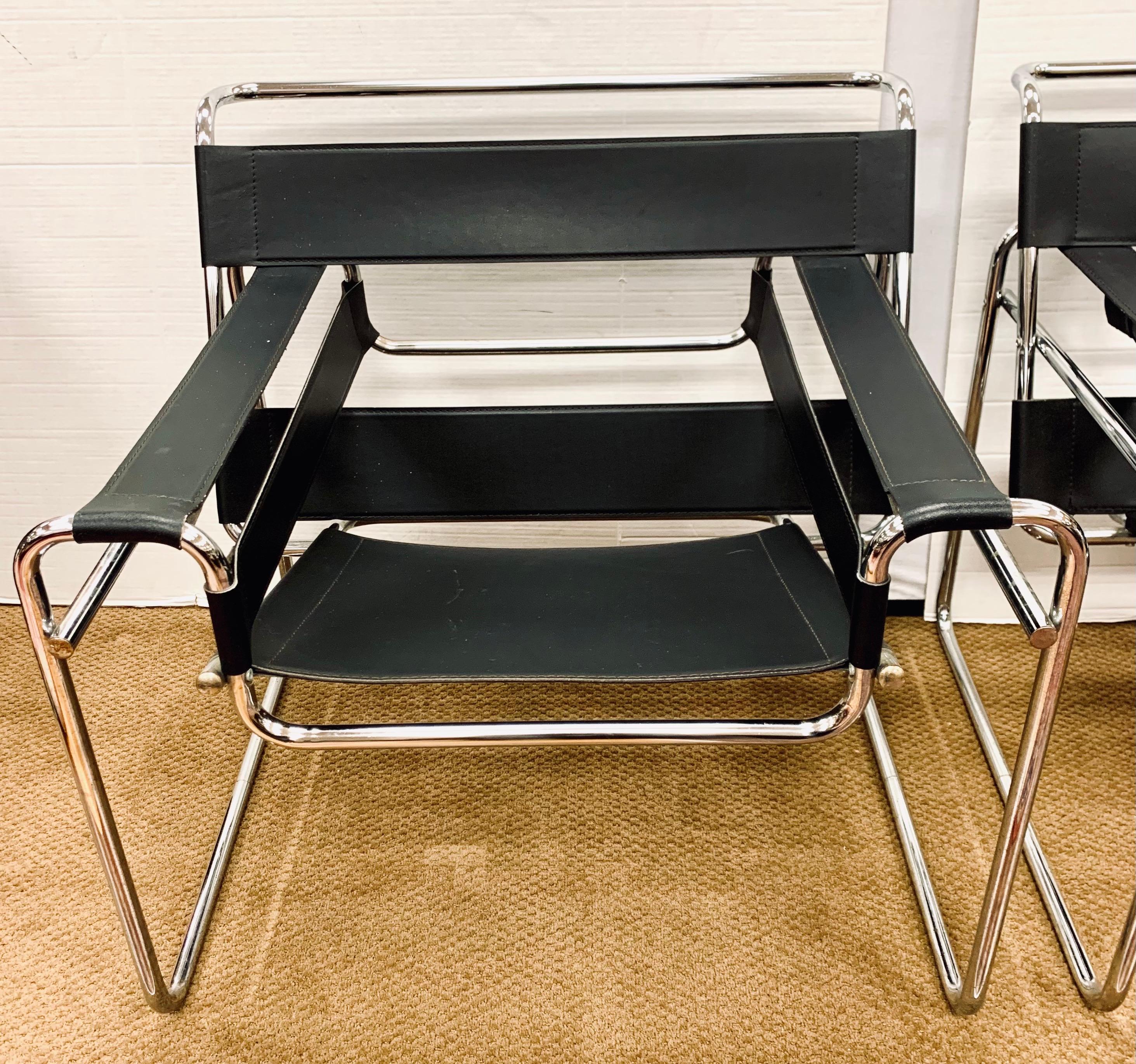Midcentury Marcel Breuer Style Black and Chrome Wassily Chairs, Pair 1
