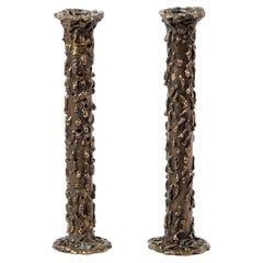 Mid-Century Marcello Fantoni Brutalist Bronze Candle Holders