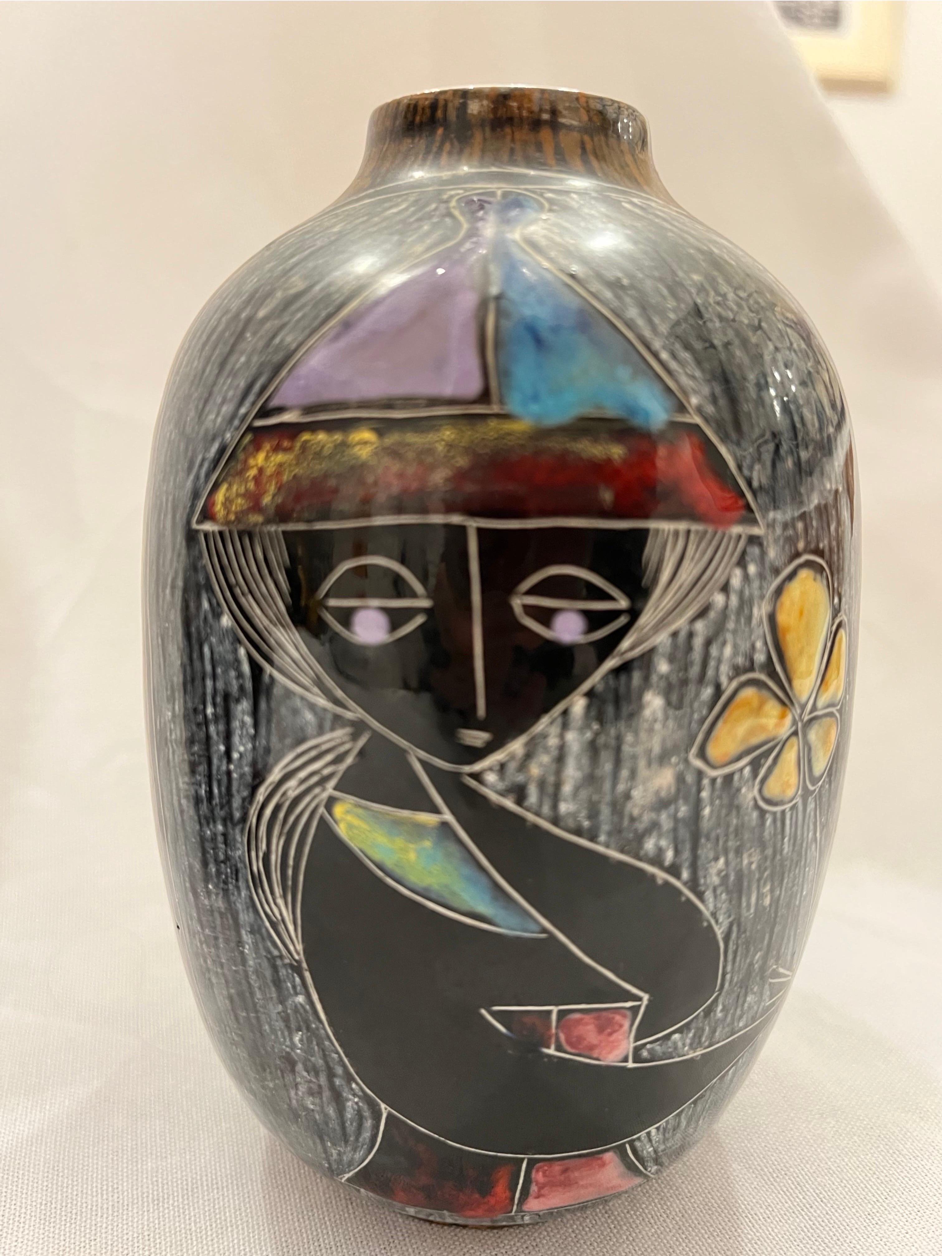 Mid Century Marcello Fantoni Signed Ceramic Sgraffito Style Vases Female Figures For Sale 10