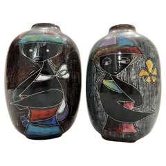 Mid Century Marcello Fantoni Signed Ceramic Sgraffito Style Vases Female Figures