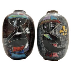 Retro Mid Century Marcello Fantoni Signed Ceramic Sgraffito Style Vases Female Figures