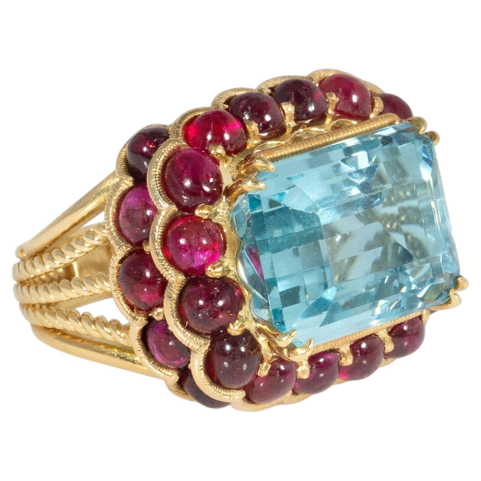 Bague imposante « Mid-Century Marchak France » en aigue-marine et rubis