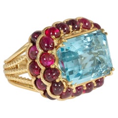 Mid-Century Marchak France aquamarine and ruby statement ring