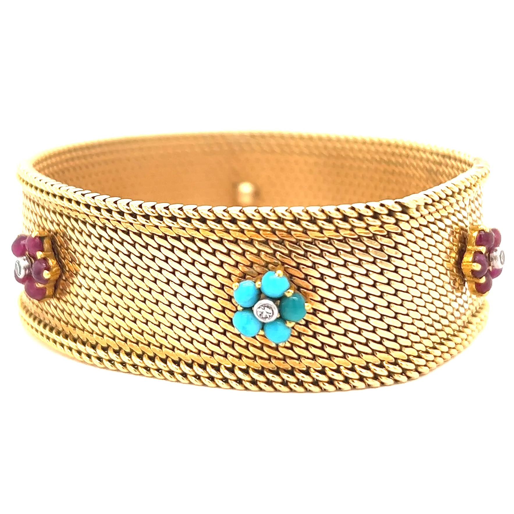 Cabochon Mid-Century Marchak Paris Diamond Ruby Turquoise 18 Karat Gold Bracelet