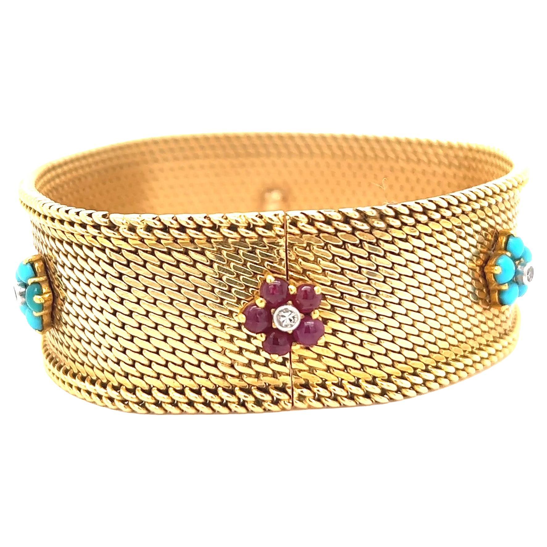 Mid-Century Marchak Paris Diamond Ruby Turquoise 18 Karat Gold Bracelet