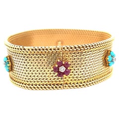 Mid-Century Marchak Paris Diamond Ruby Turquoise 18 Karat Gold Bracelet