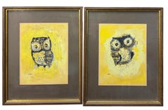 Litografías enmarcadas de mediados de siglo Margaret Layton coloreadas a mano y firmadas por un búho - S/2