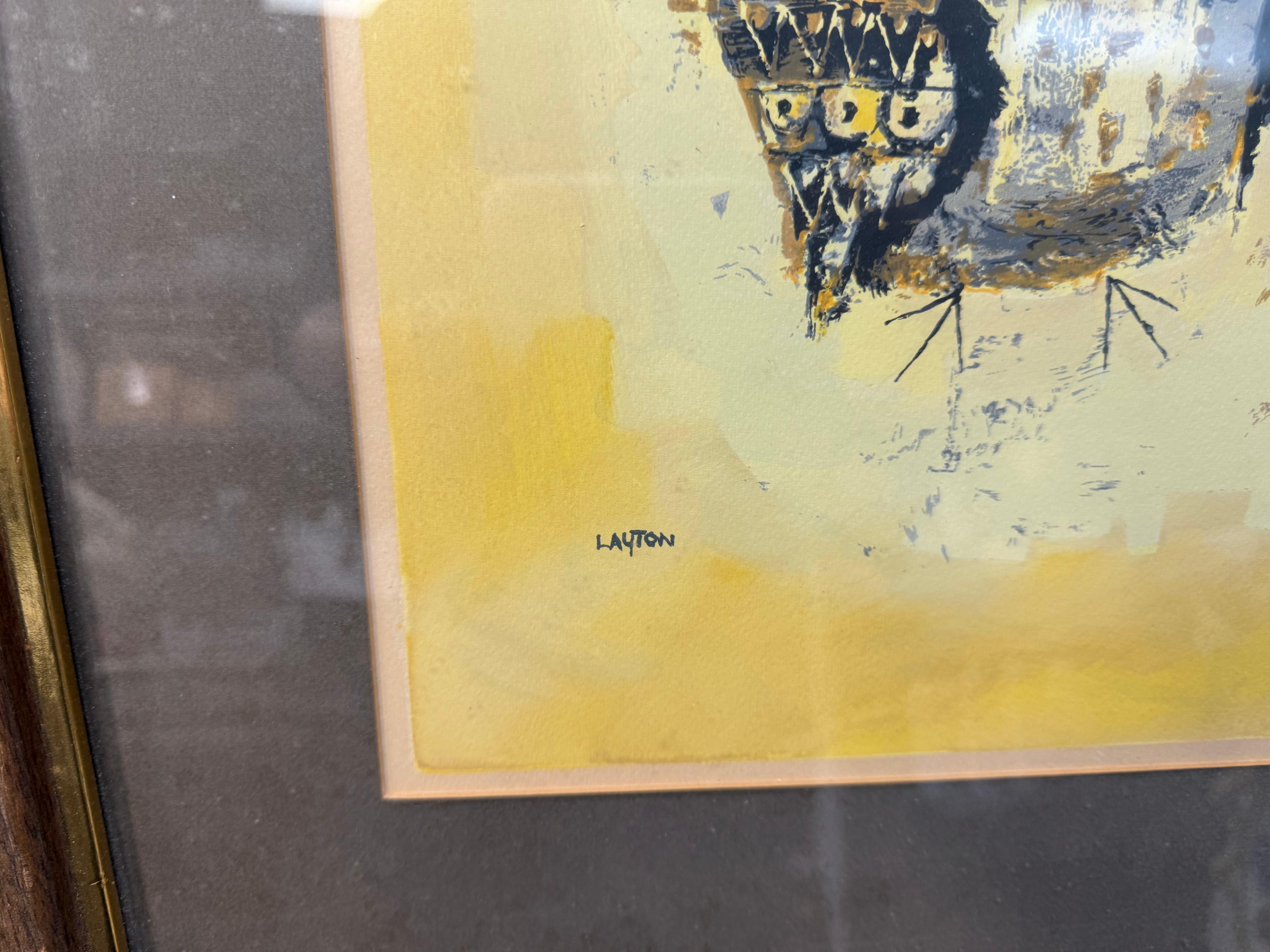 Mitte des Jahrhunderts Margaret Layton Hand koloriert & signiert Eule gerahmt Lithographien - S/2 (amerikanisch) im Angebot