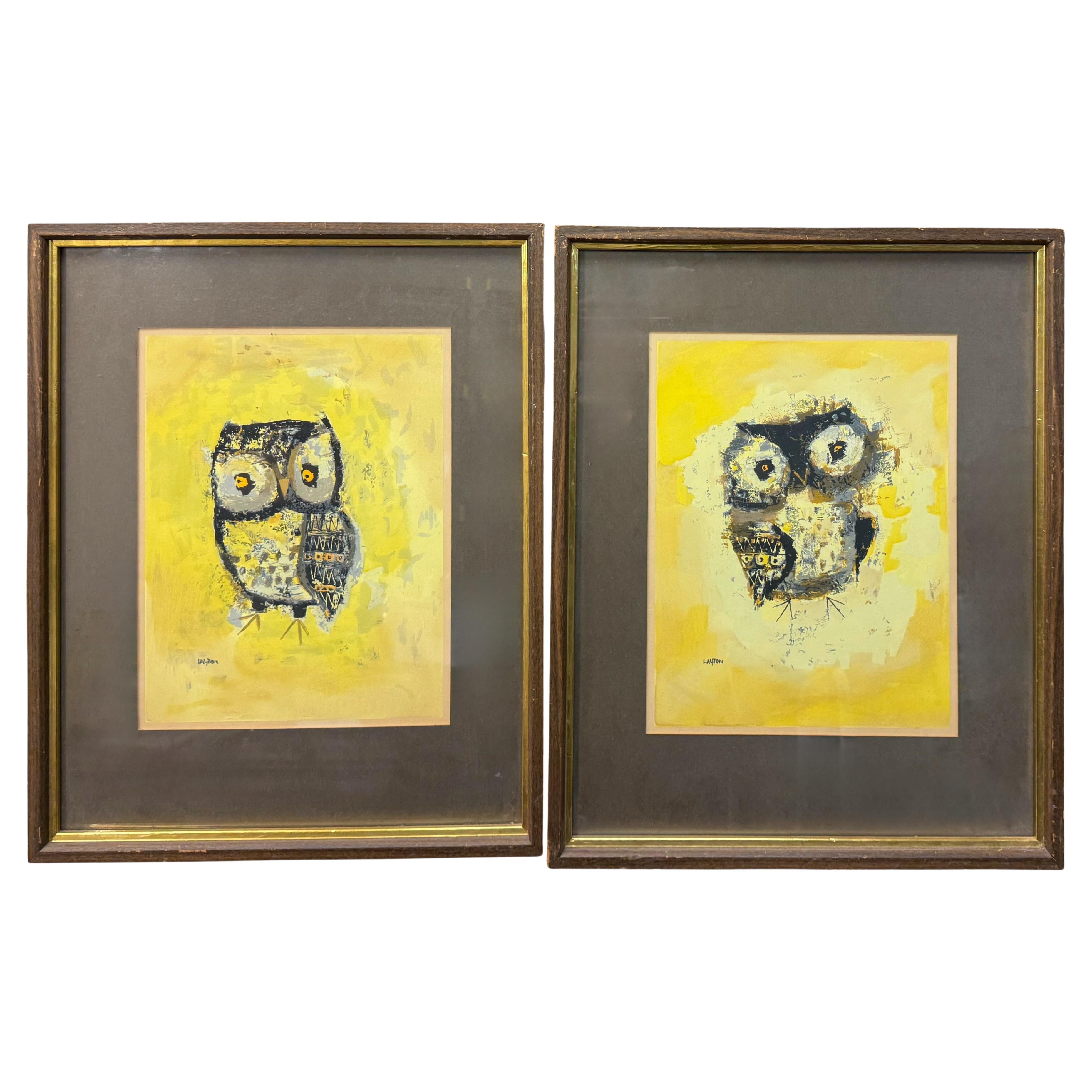 Mitte des Jahrhunderts Margaret Layton Hand koloriert & signiert Eule gerahmt Lithographien - S/2 im Angebot
