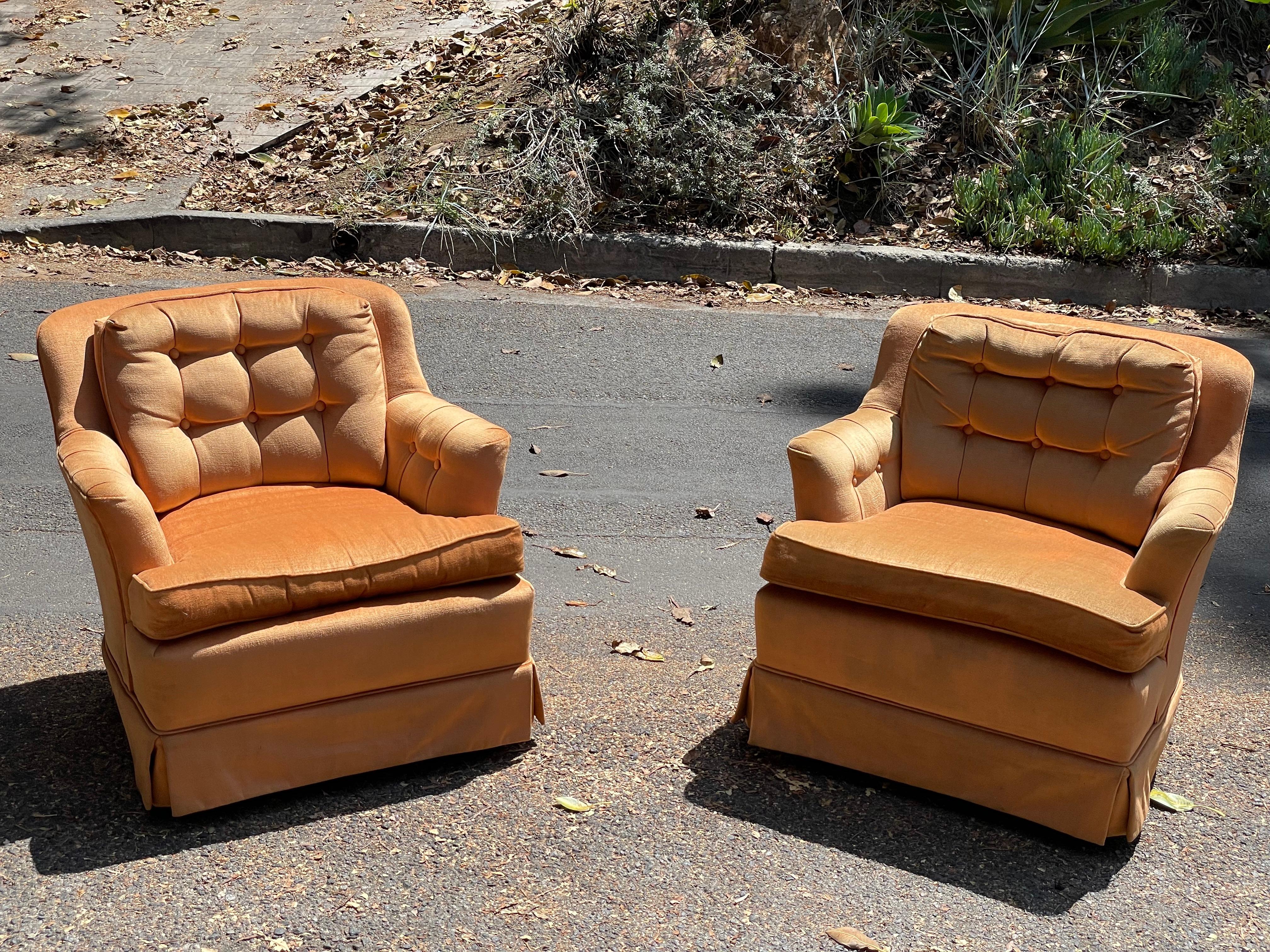 Pair of vintage classic Marge Carson chairs. Original fabric. SIGNED.

Marjorie Reese Carson was a California designer who specialized in high end upholstery and fabrics. These chairs feature all original striking orange fabric in very good