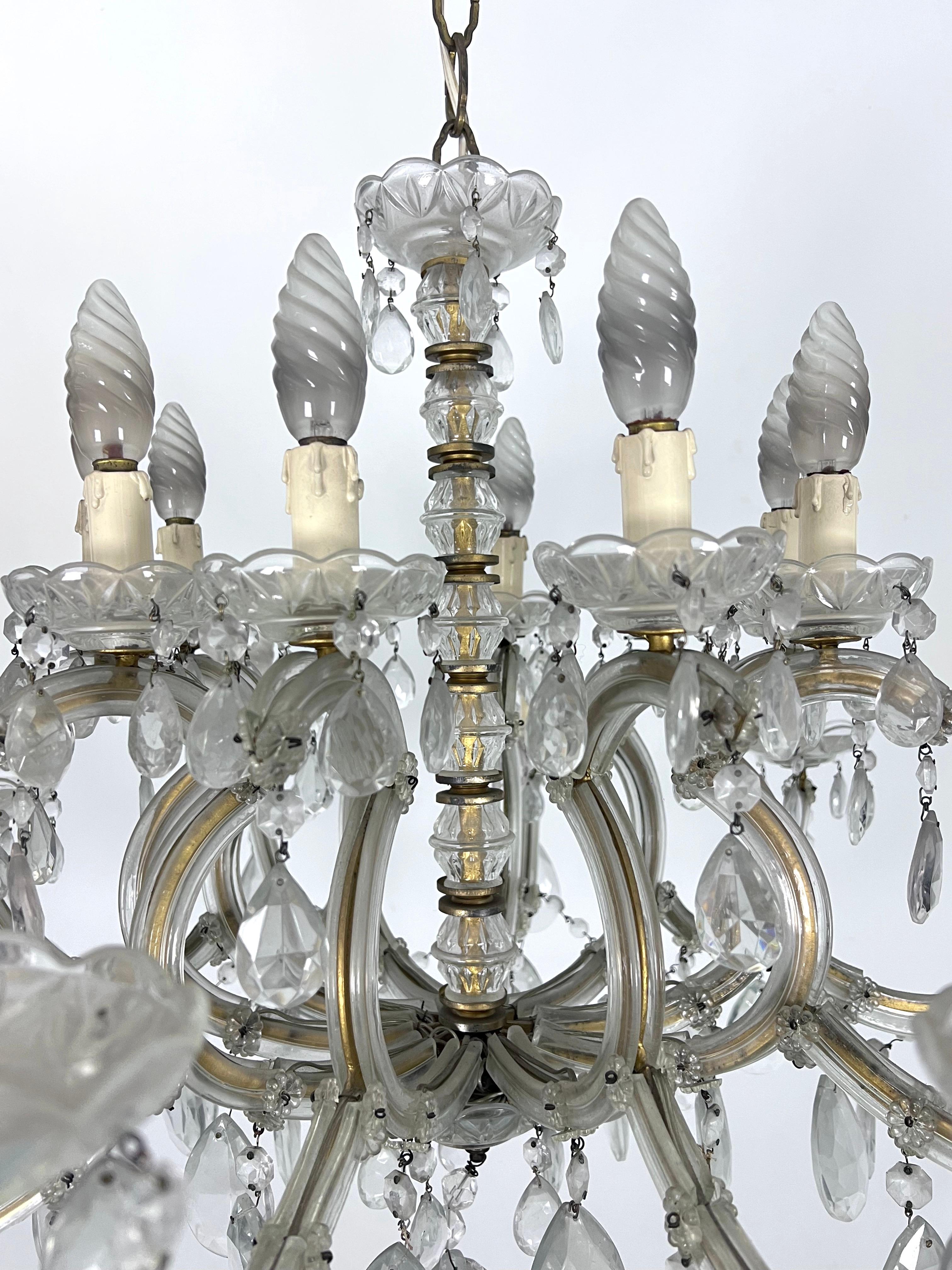 Metal Mid-Century Maria Teresa crystal and brass large chandelier. Italy 1940s For Sale