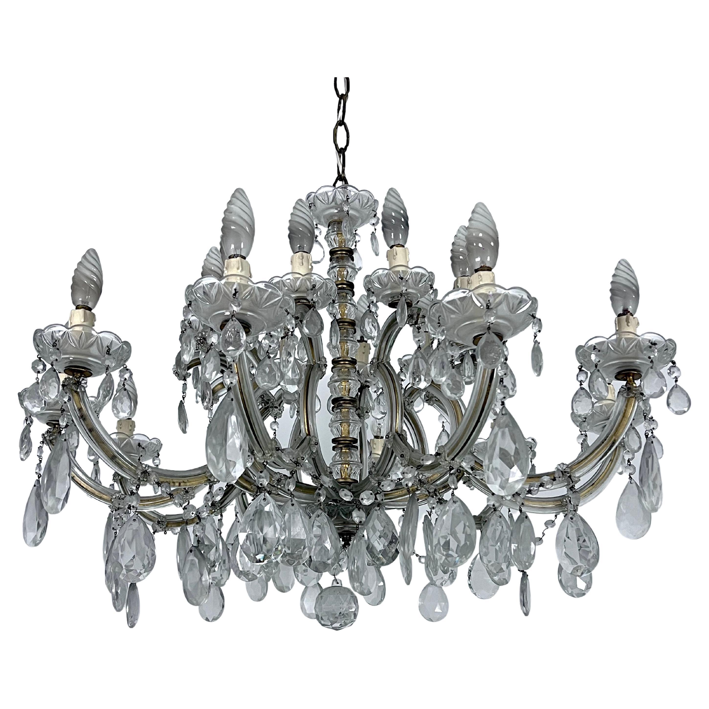 Mid-Century Maria Teresa crystal and brass large chandelier. Italy 1940s